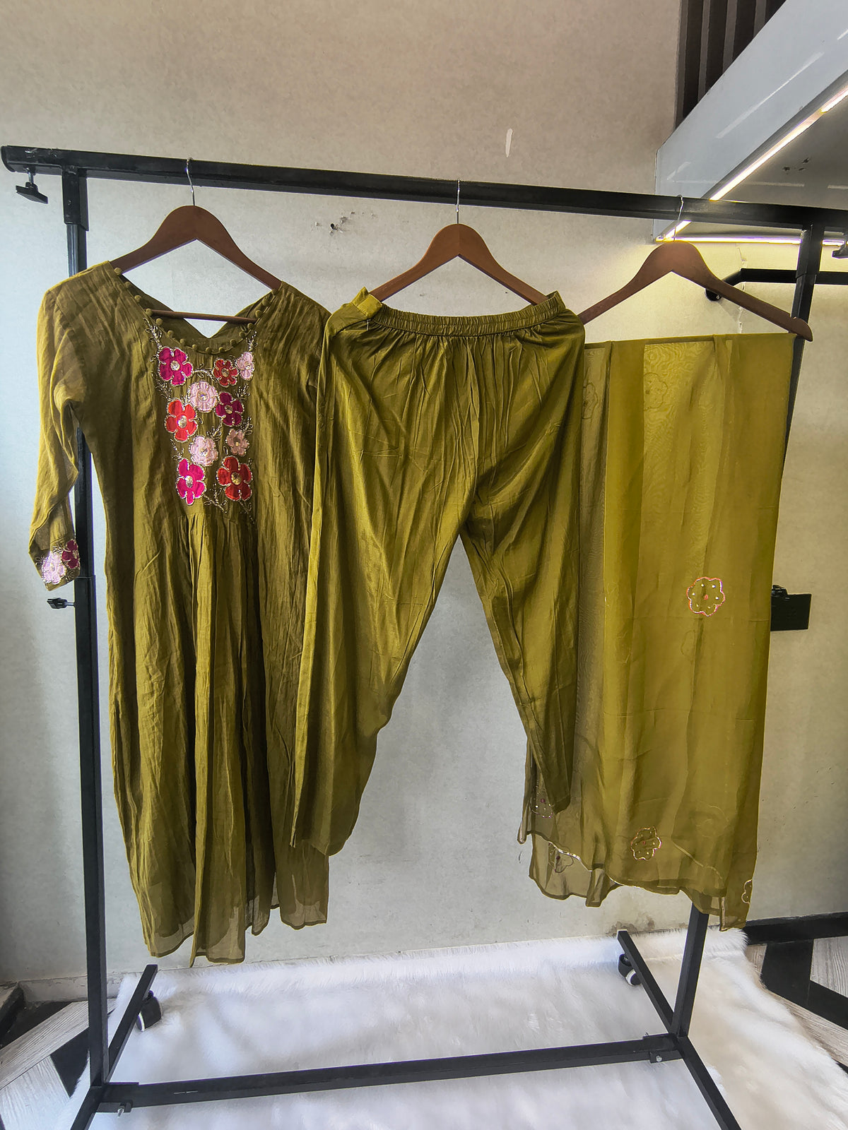 Olive Green Floral Hand-Embroidered Kurta Set with Organza Dupatta | Premium 3 Piece Ethnic Suit