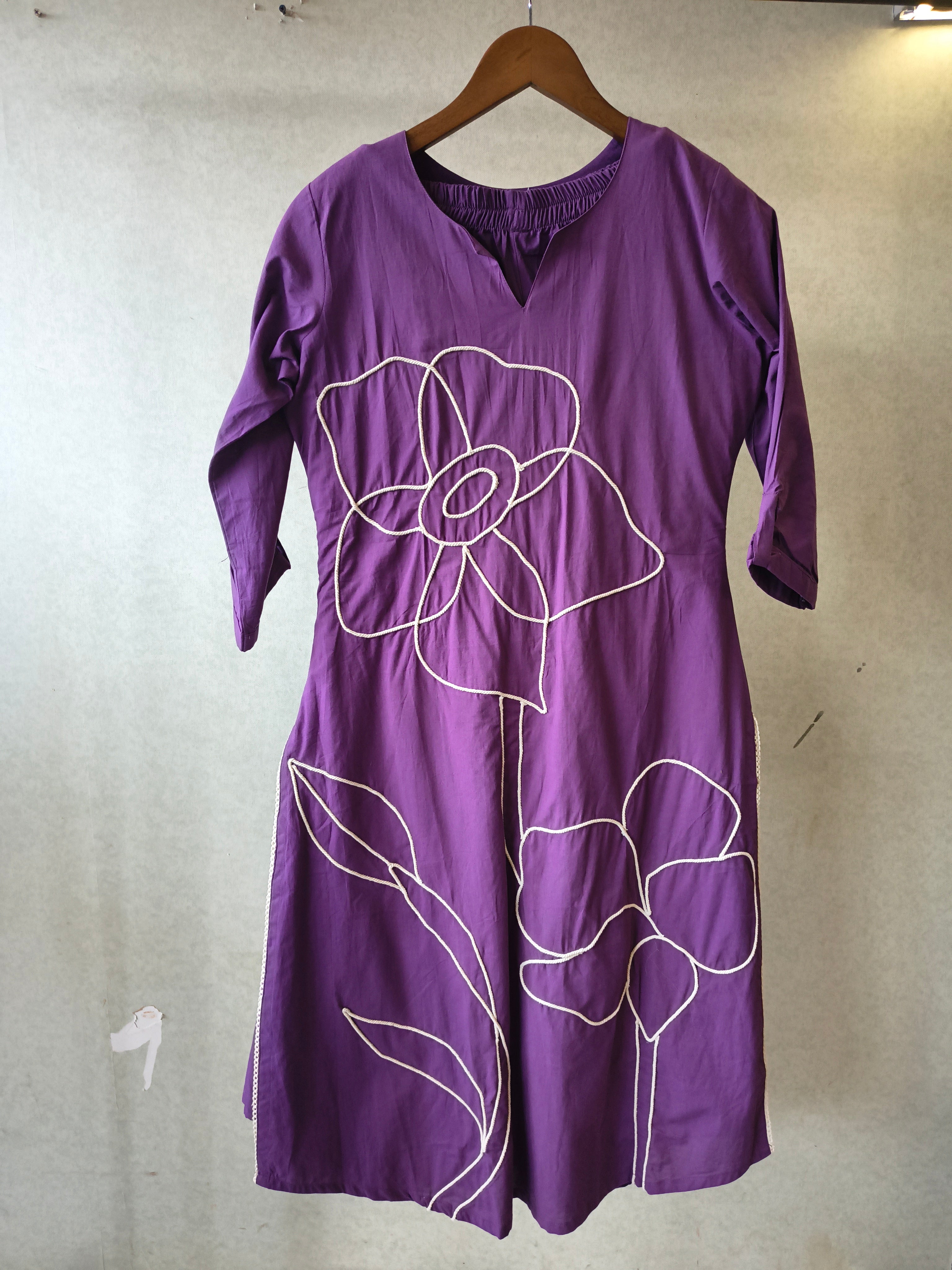 Image of Royal Purple Floral Embroidered Cotton Kurta Set with Straight Pants