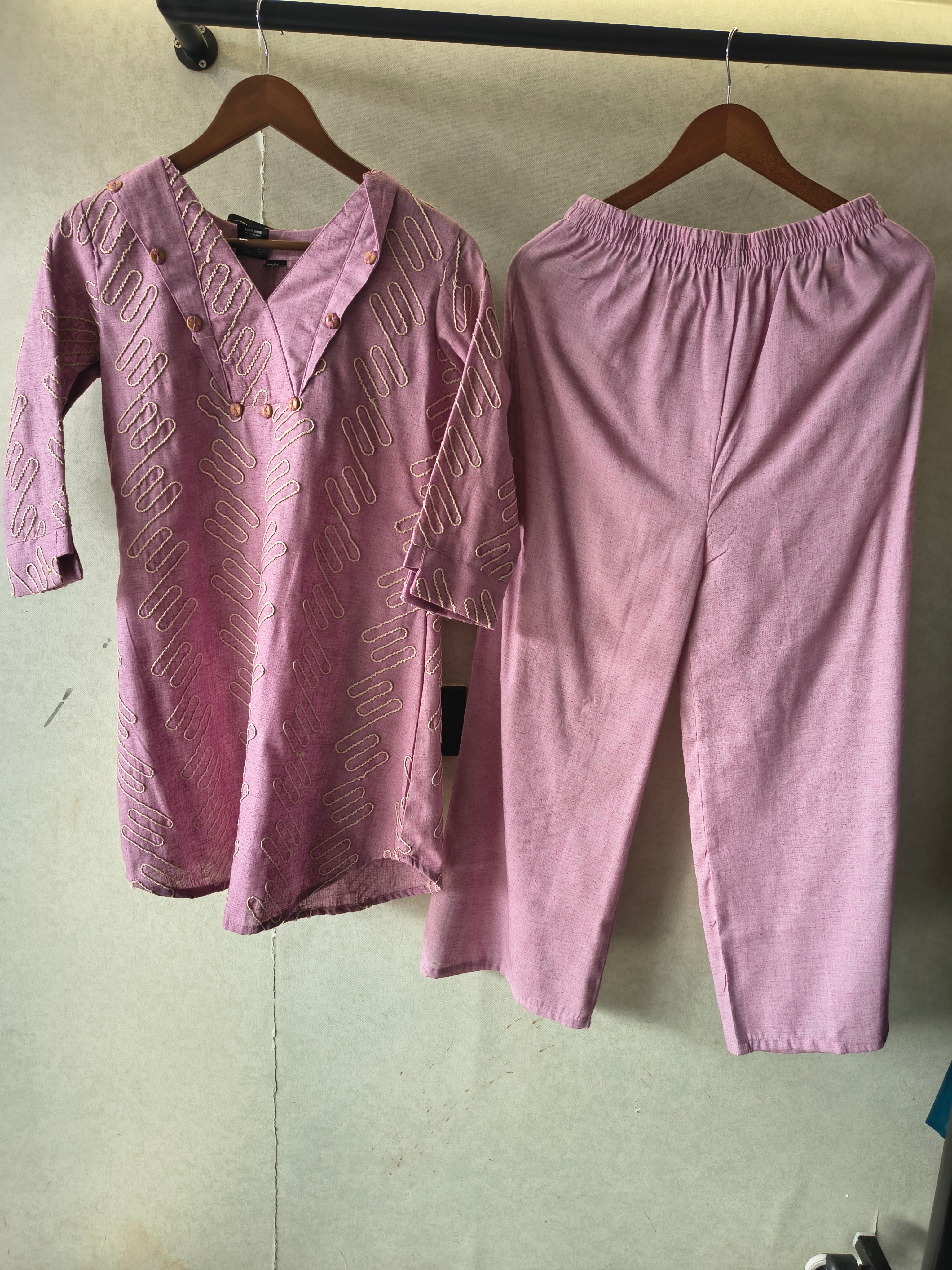 Image of Dusty Rose Embroidered V-Neck Designer Kurta Pant Co-Ord Set