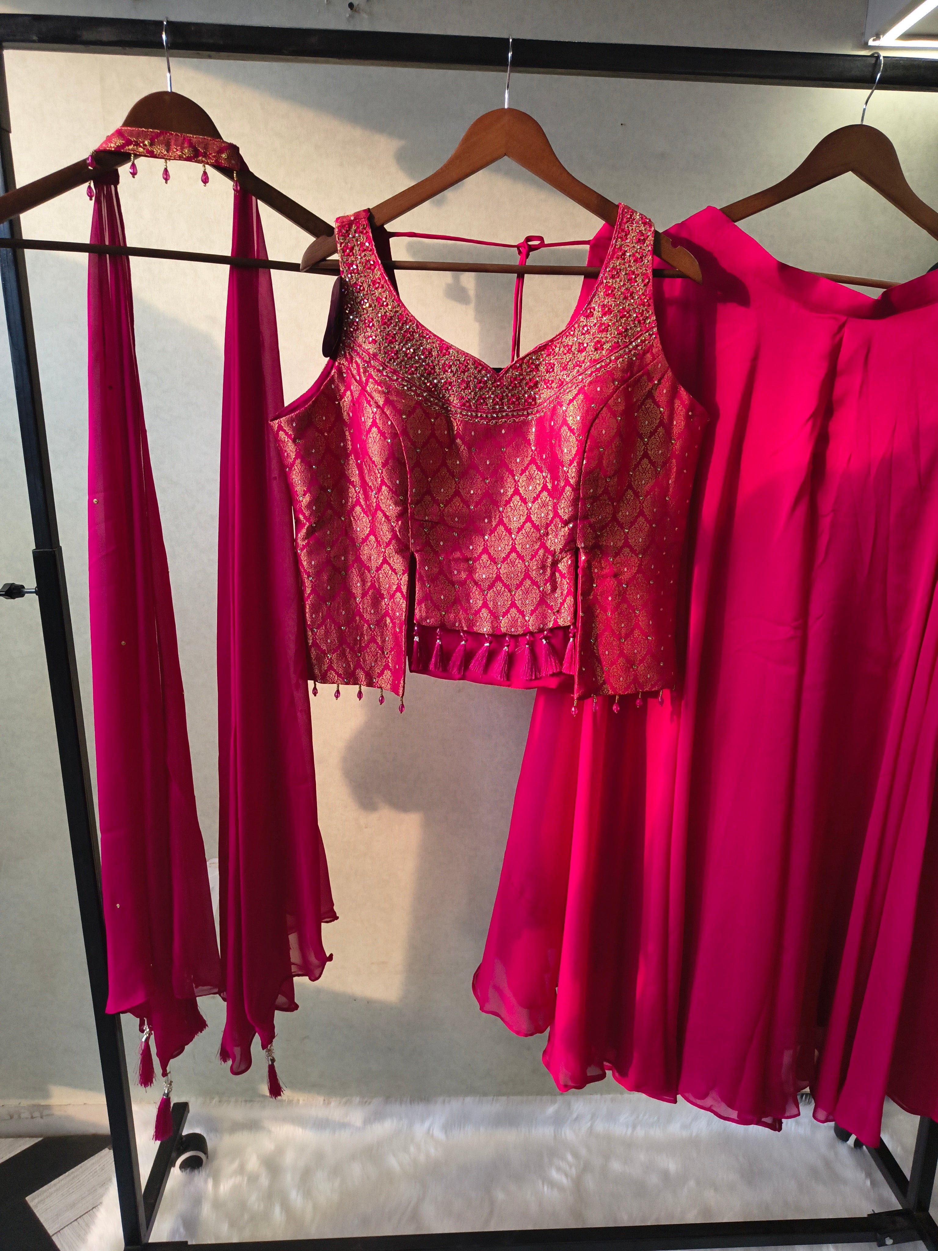 Image of Luxury Rani Pink Brocade Blouse with Flared Palazzo & Embellished Choker Dupatta – 3 Piece Designer Indo-Western Set