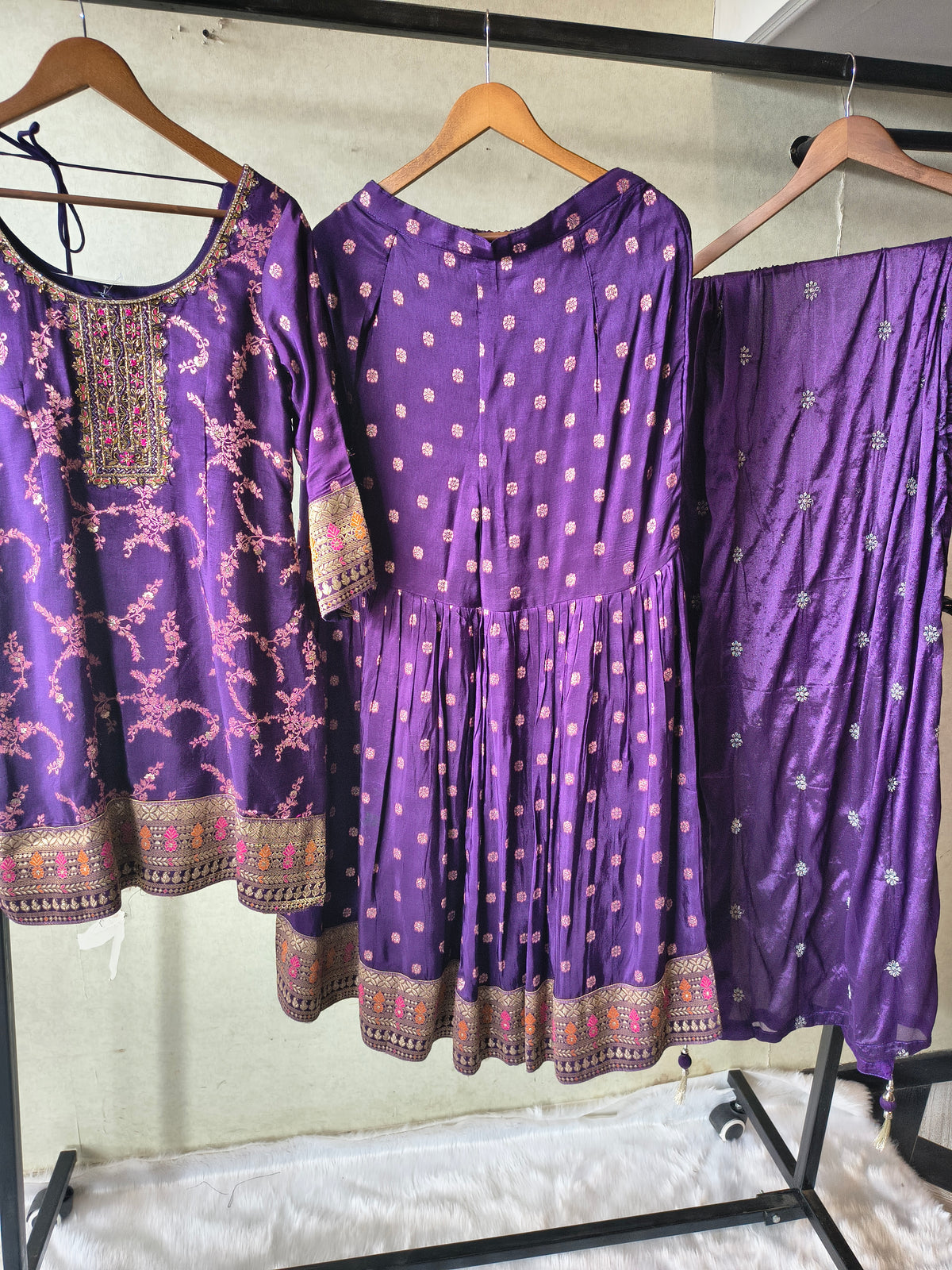 Royal Purple Embroidered Peplum Sharara Set with Banarasi Border & Dupatta – Premium 3 Piece Festive Ensemble