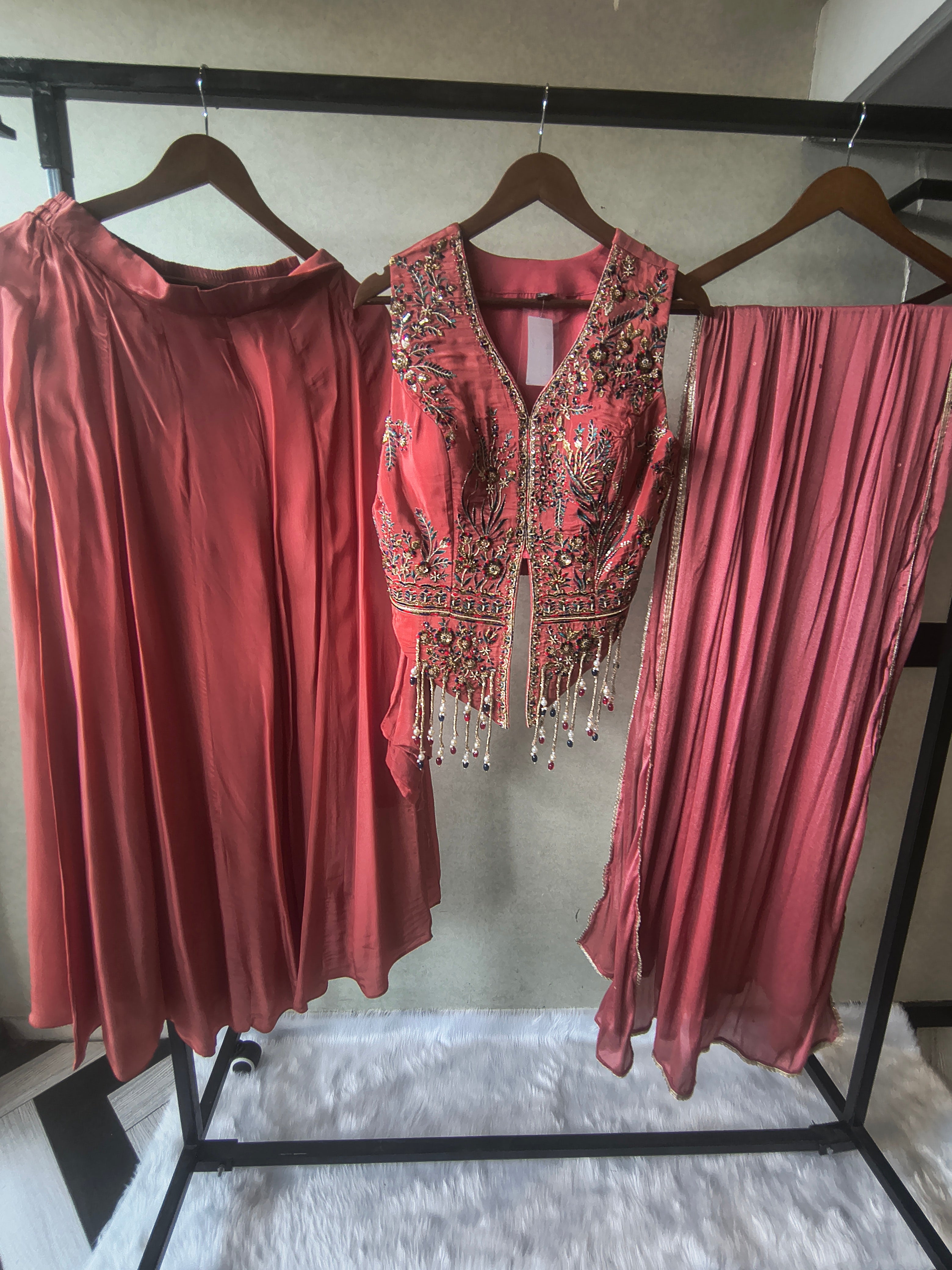 Image of Premium Dusty Rose 3-Piece Designer Lehenga Set with Heavily Embroidered Jacket Blouse & Sequined Dupatta