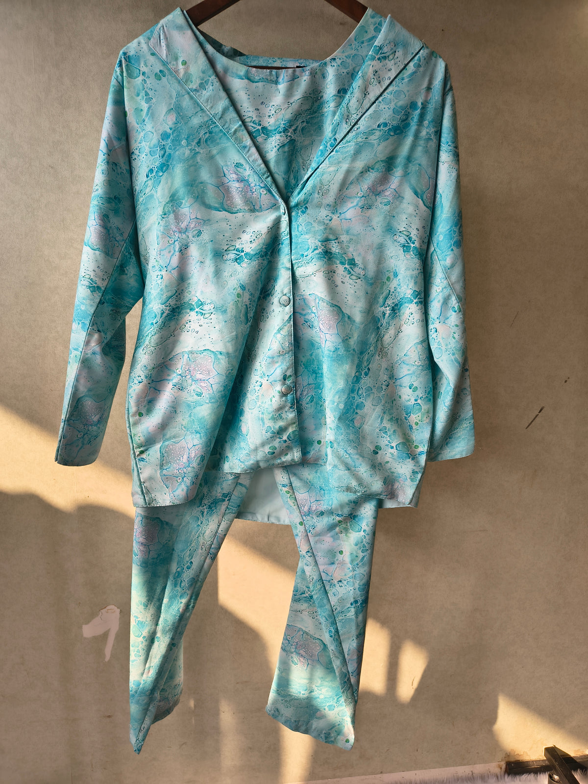 Premium Aqua Marble Print Blazer, Crop Top & Straight Pants Co-Ord Set