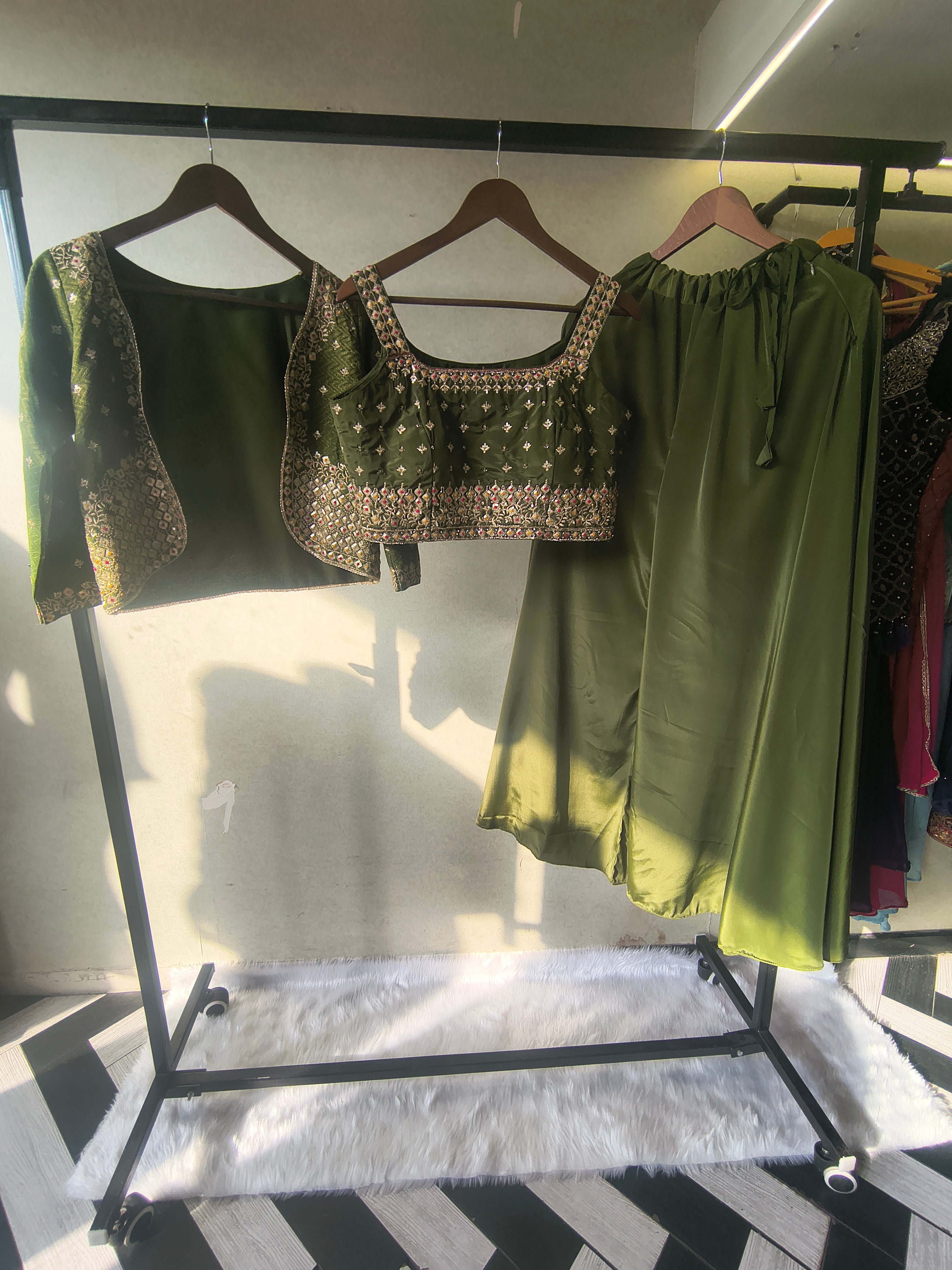 Image of Luxury Olive Green Embellished Blouse with Embroidered Jacket & Flared Palazzo – 3 Piece Designer Indo-Western Set