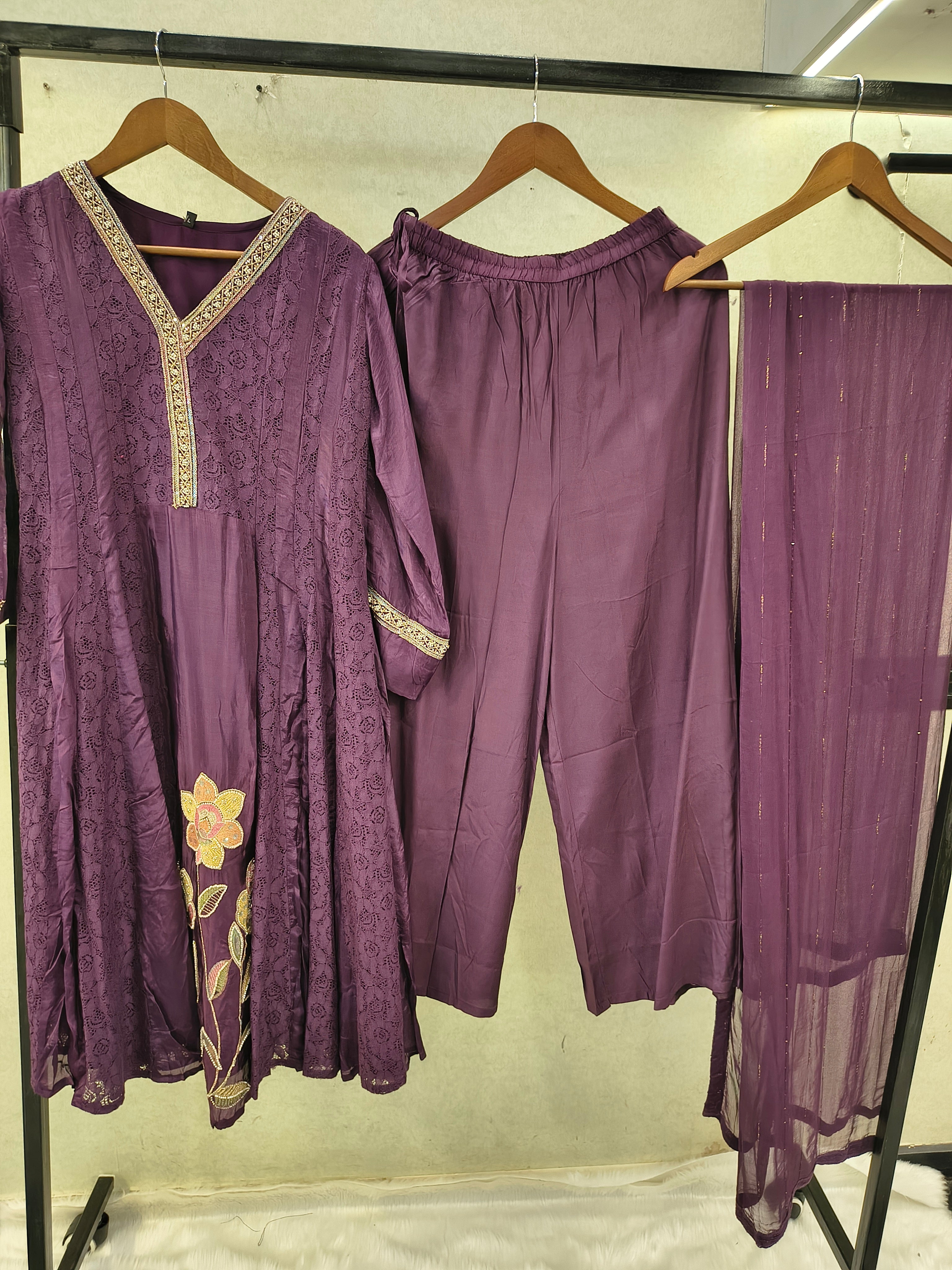 Image of Royal Purple Designer Lace Panel Anarkali Kurta Set with Floral Embroidery & Sheer Dupatta | Premium 3 Piece Festive Ensemble
