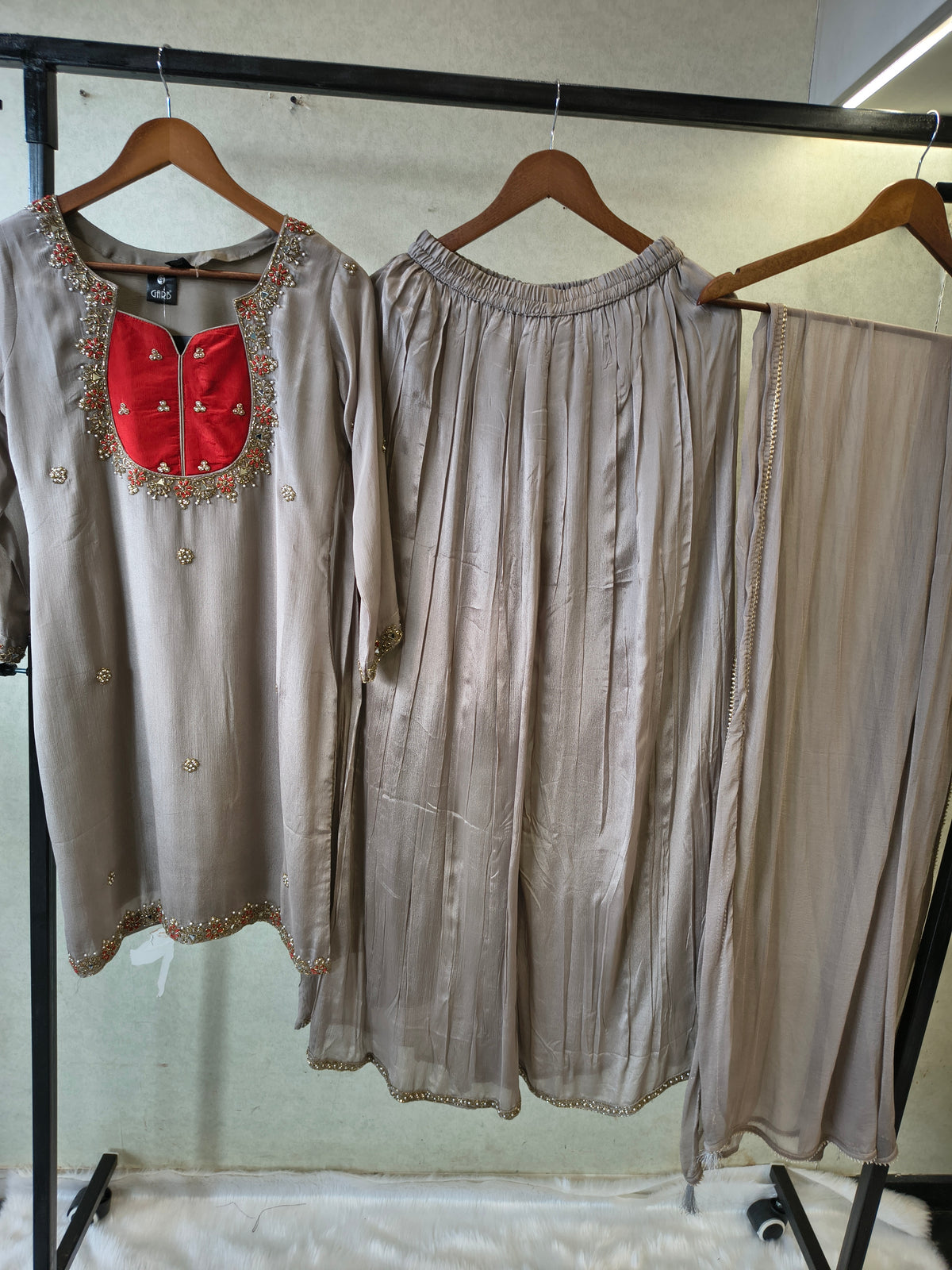Pearl Grey Embellished Straight Kurta Set with Handcrafted Neckline, Wide Palazzo & Chiffon Dupatta | Premium 3 Piece Festive Ensemble