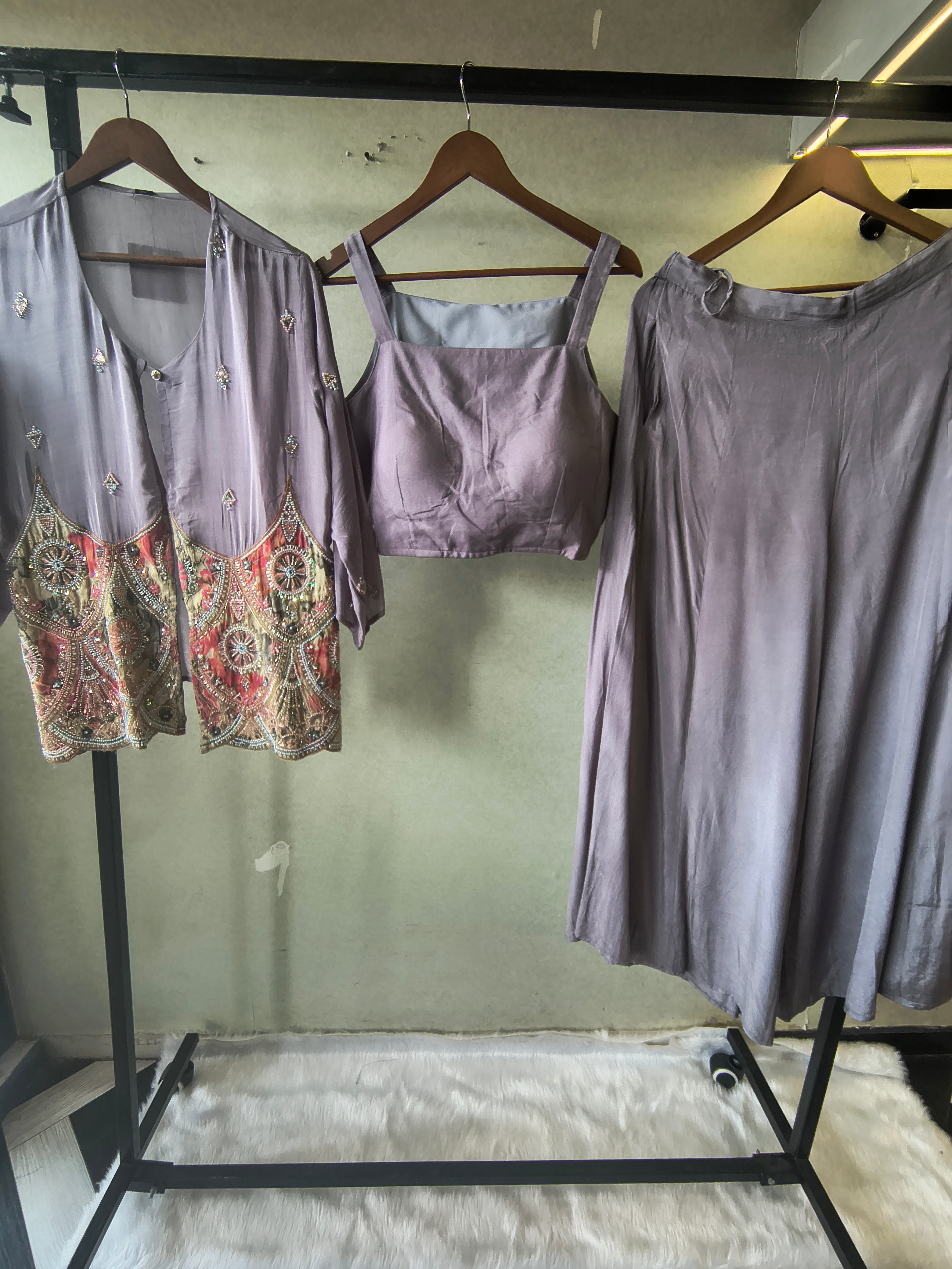 Image of Dusty Mauve Tissue Silk Embroidered Peplum Jacket with Bustier & Flared Palazzo – 3 Piece Designer Indo-Western Set