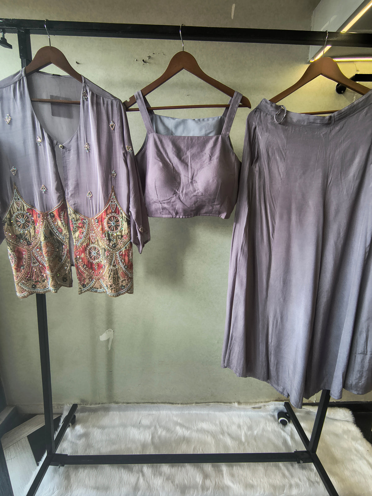 Dusty Mauve Tissue Silk Embroidered Peplum Jacket with Bustier & Flared Palazzo – 3 Piece Designer Indo-Western Set