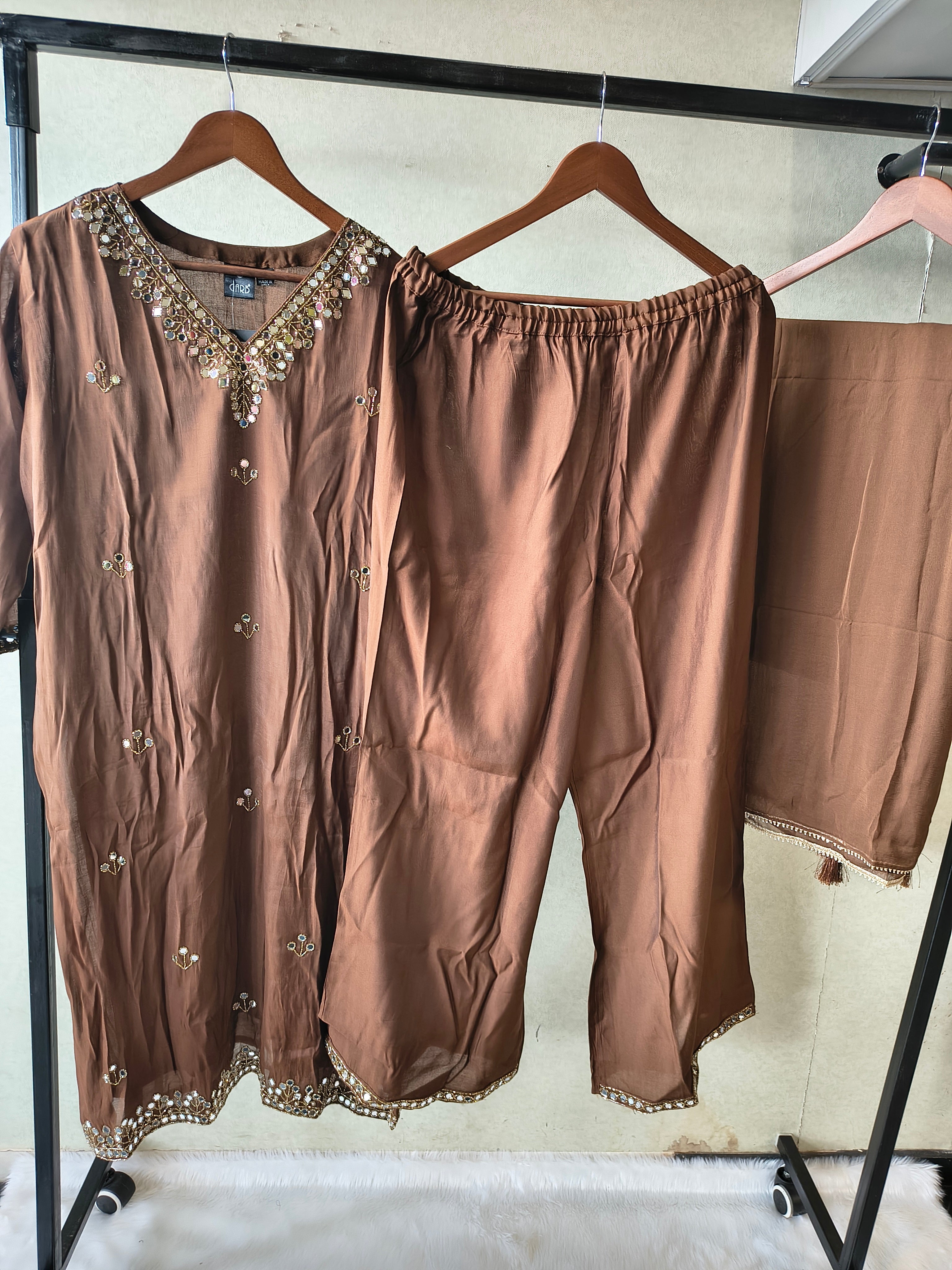 Image of Premium Chocolate Brown Embellished Kurta Set with Mirror Work & Tassel Dupatta
