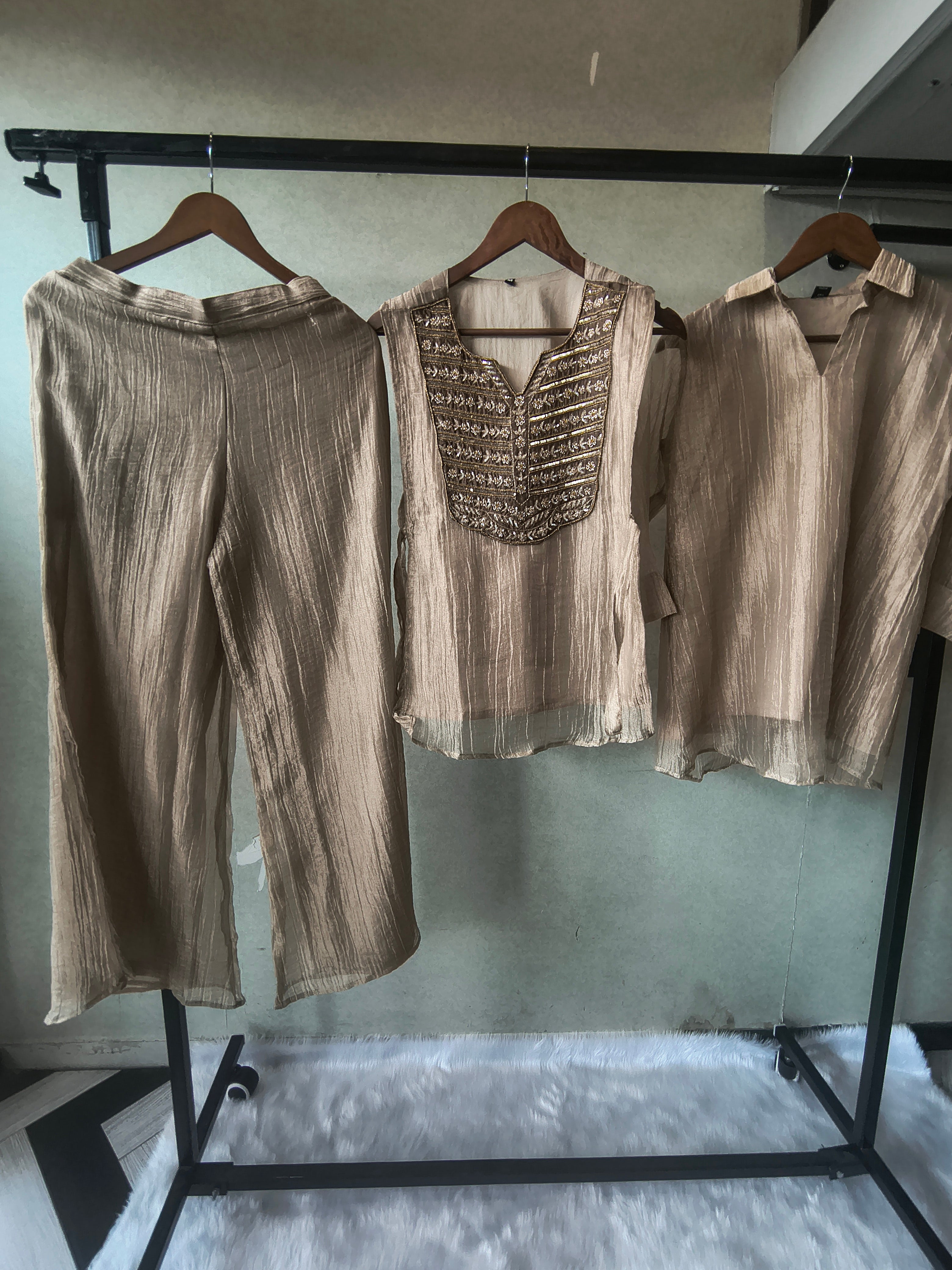 Image of Premium Champagne Gold Tissue Silk 3-Piece Co-Ord Set with Antique Zari Embroidered Jacket, Inner & Palazzo