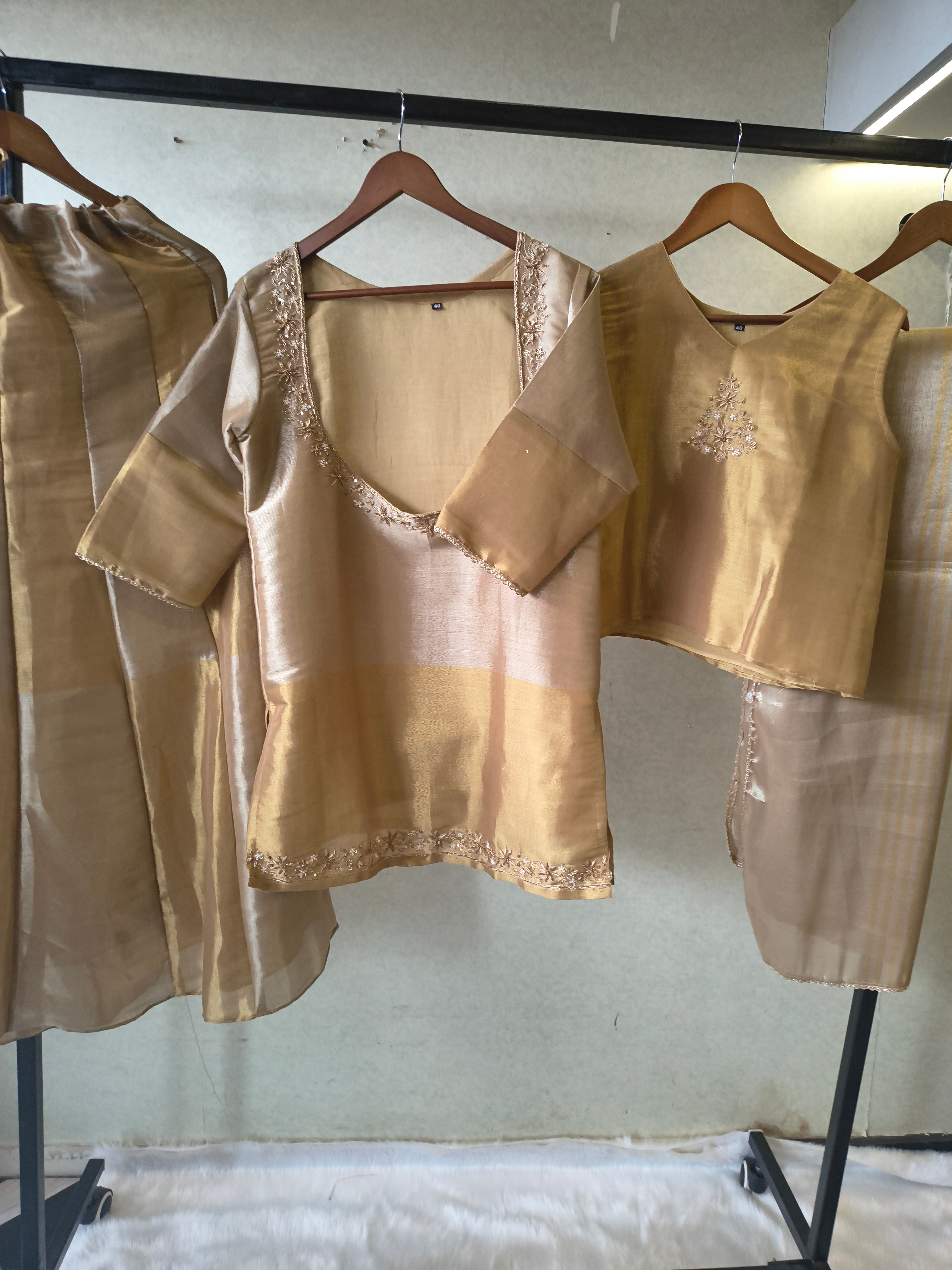 Image of Champagne Gold Tissue Silk Embroidered Layered Kurta with Inner, Palazzo & Woven Dupatta – 4 Piece Designer Festive Set