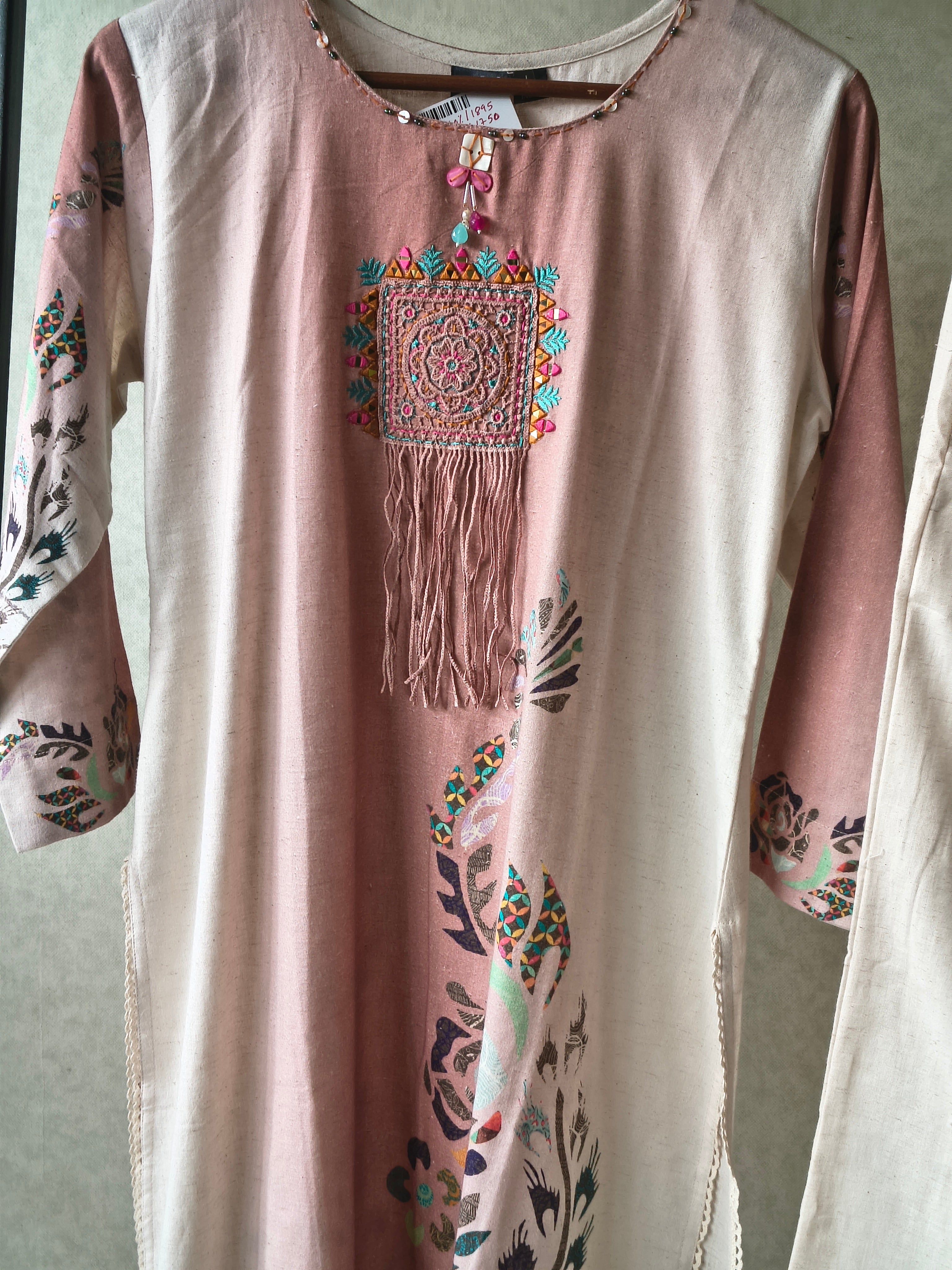 Image of Premium Blush Pink Linen Blend Kurta Set with Handcrafted Embroidered Tassel Patch & Embroidered Pants