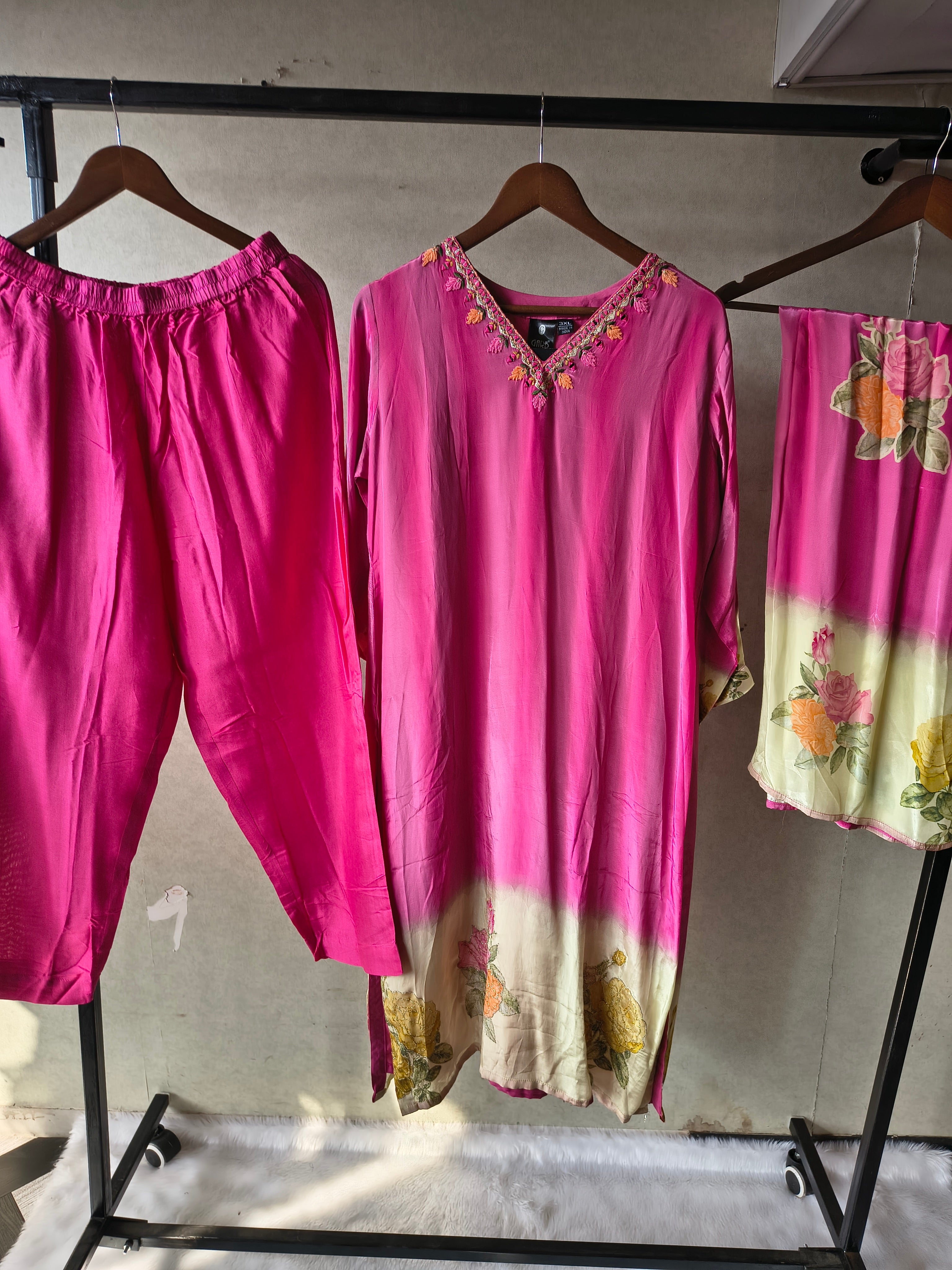 Image of Premium Fuchsia Pink Floral Embroidered Kurta Set with Printed Dupatta
