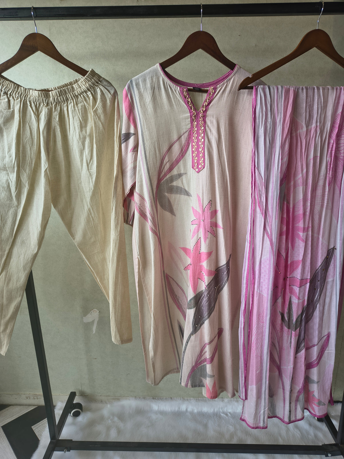 Premium Blush Pink Floral Printed Straight Kurta Set with Churidar Pants & Soft Printed Dupatta