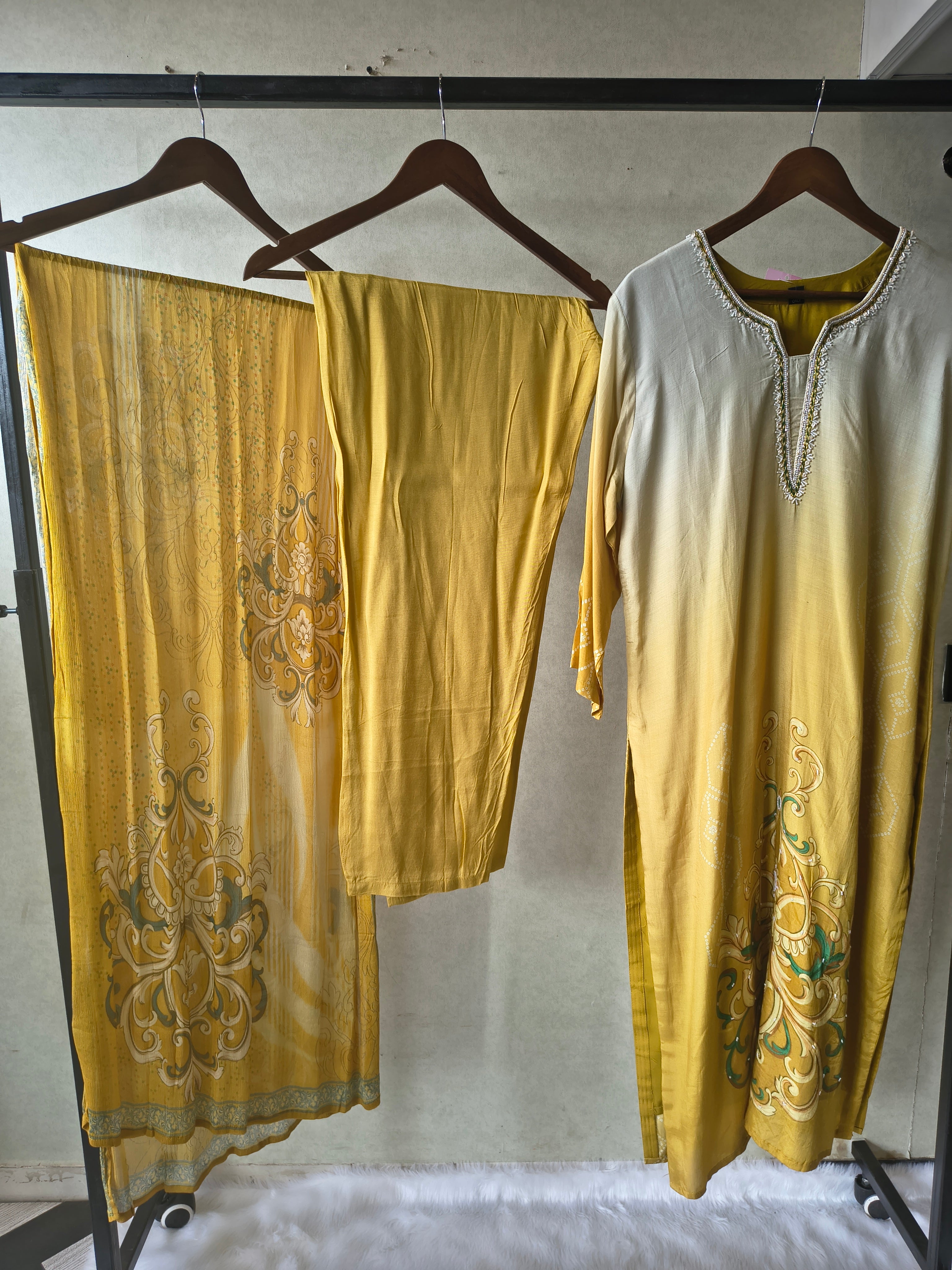 Image of Premium Mustard Yellow Ornamental Print Straight Kurta Set with Designer Dupatta & Straight Pants