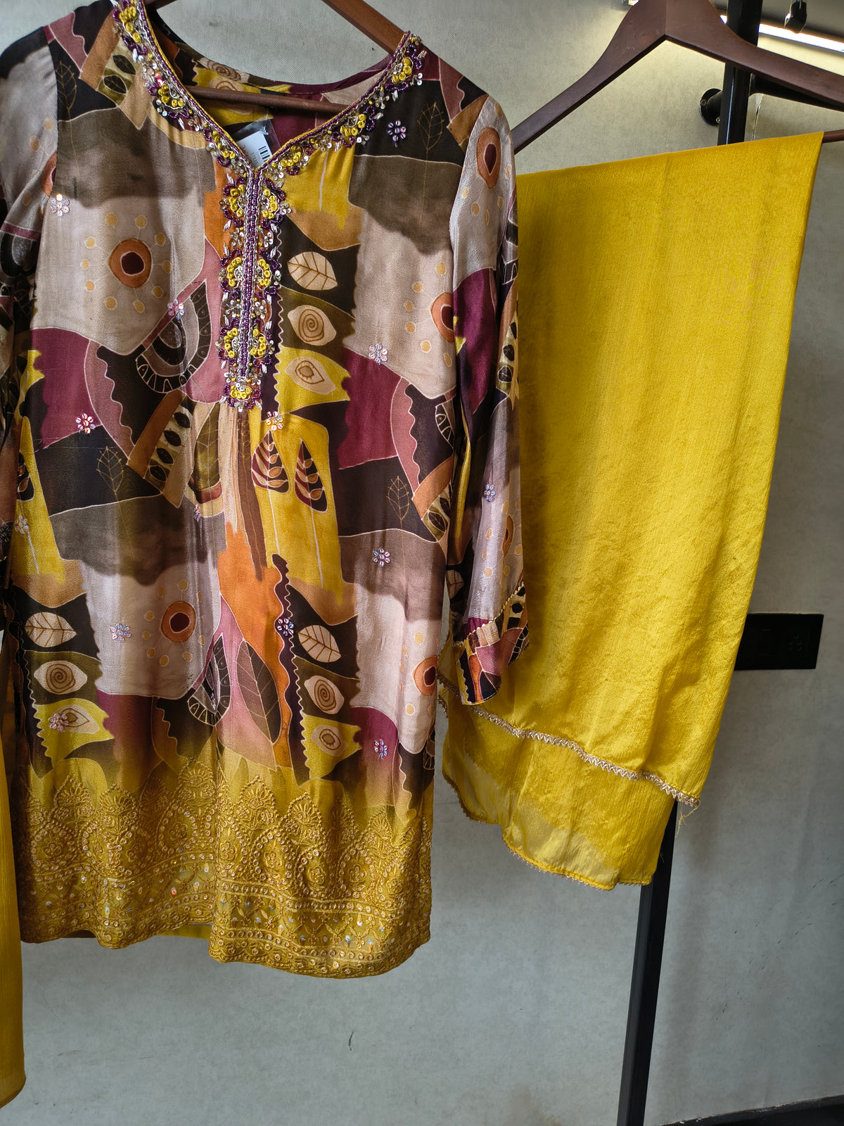 Premium Mustard Abstract Printed Kurta with Sharara & Dupatta Set