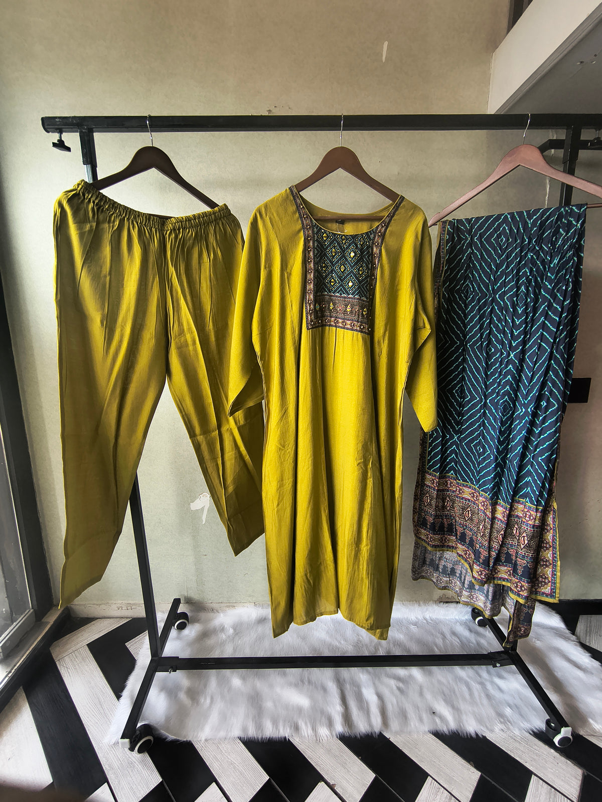 Premium Olive Green Straight Kurta Set with Designer Woven Yoke, Solid Pants & Geometric Printed Dupatta