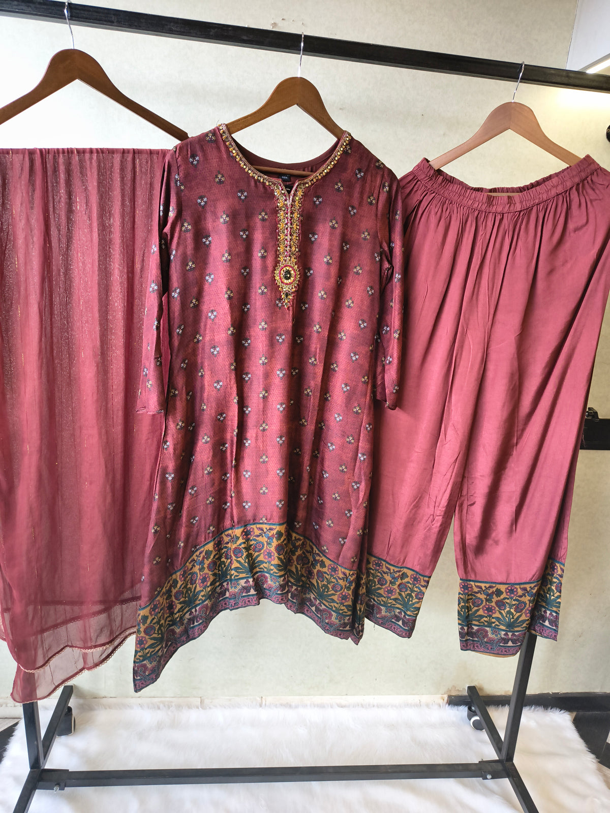 Premium Wine Floral Border Kurta with Straight Pants & Shimmer Dupatta Set