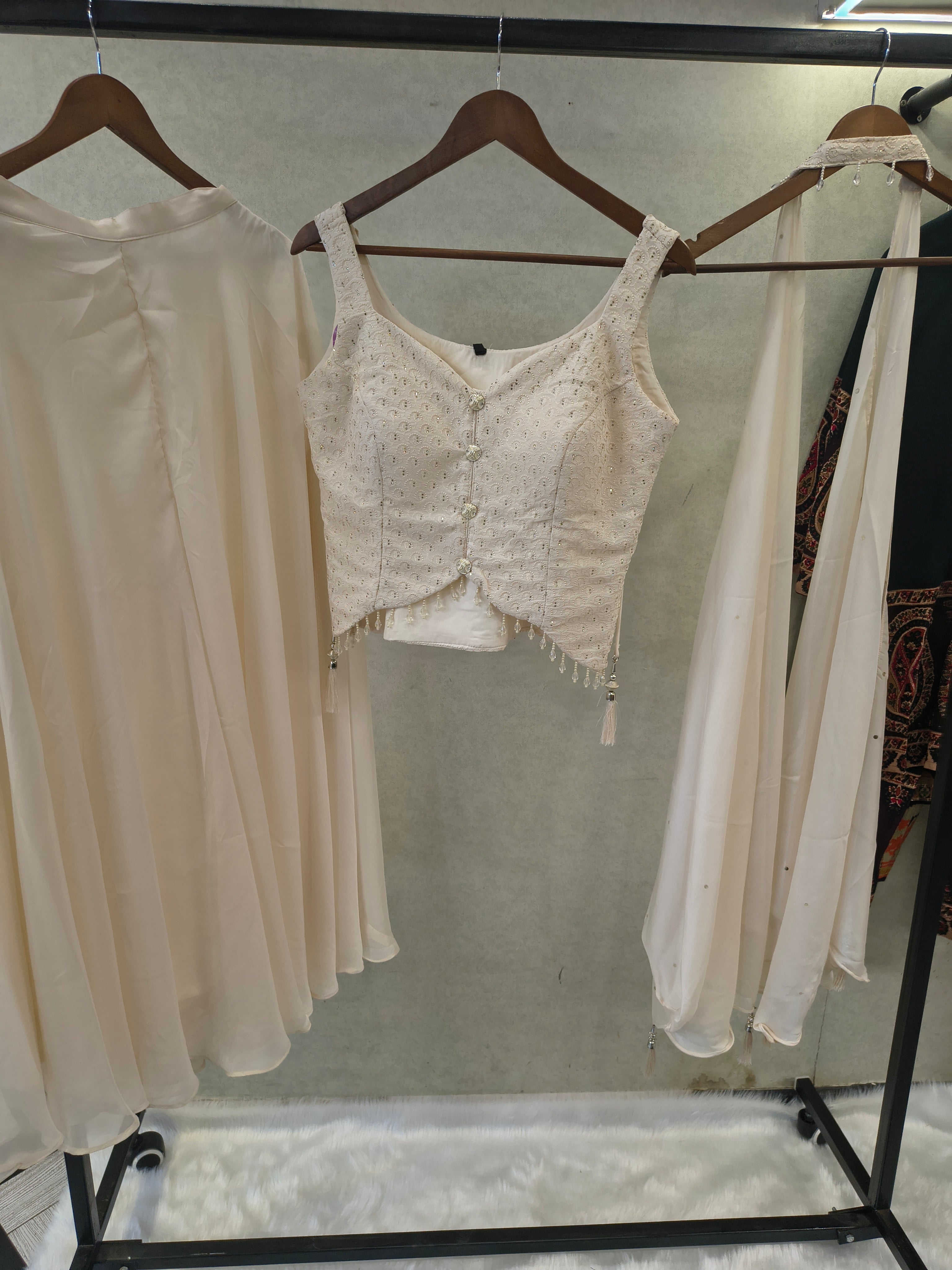 Image of Ivory Embroidered Designer Blouse with Flared Palazzo & Choker Dupatta – 3 Piece Indo-Western Festive Set