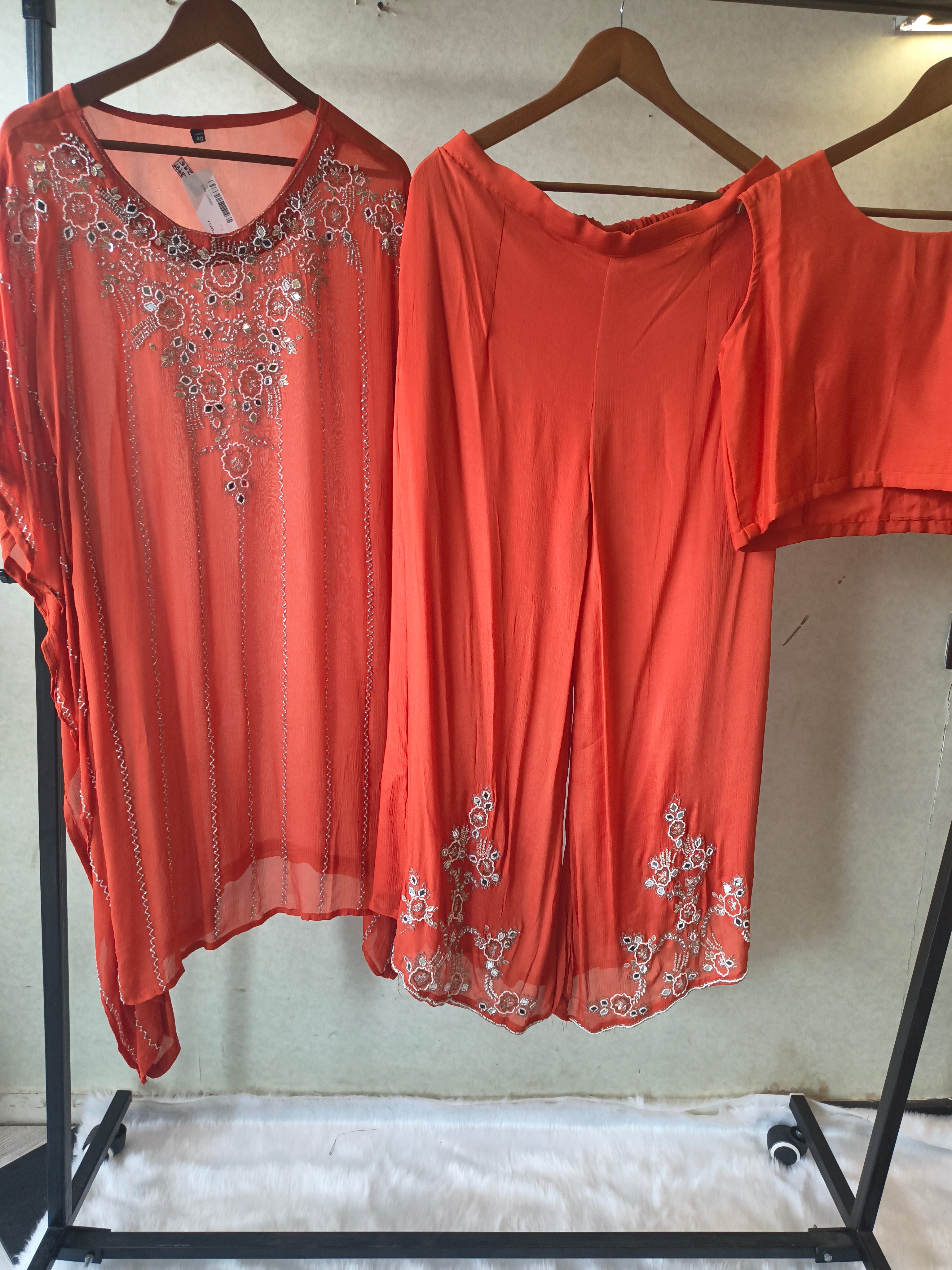Image of Rust Orange Embroidered Kaftan Co-Ord Set with Palazzo & Blouse – Designer 3 Piece Indo-Western Fusion Wear