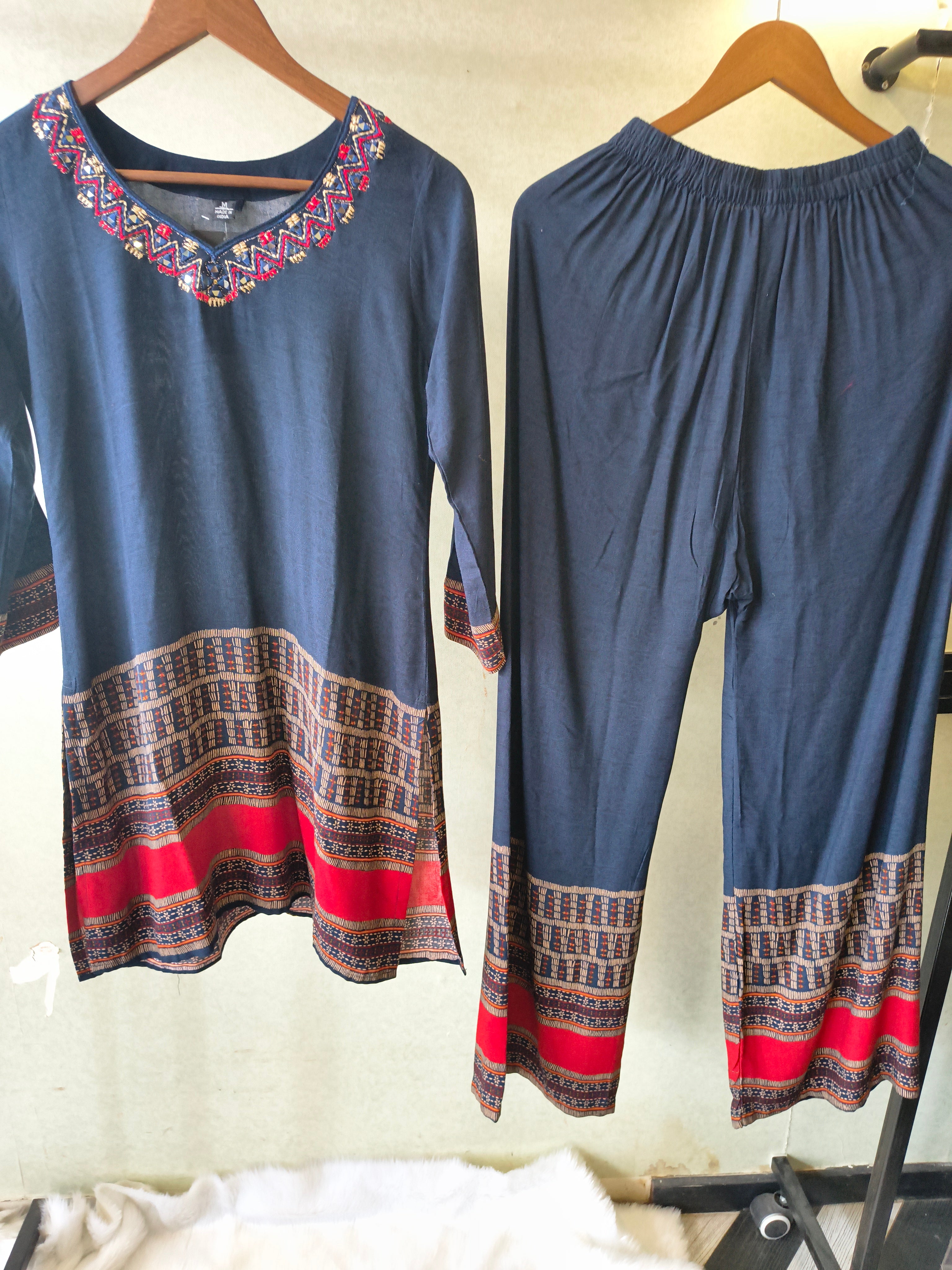 Image of Navy Blue Ethnic Border Designer Co-Ord Set with Embroidered Neckline