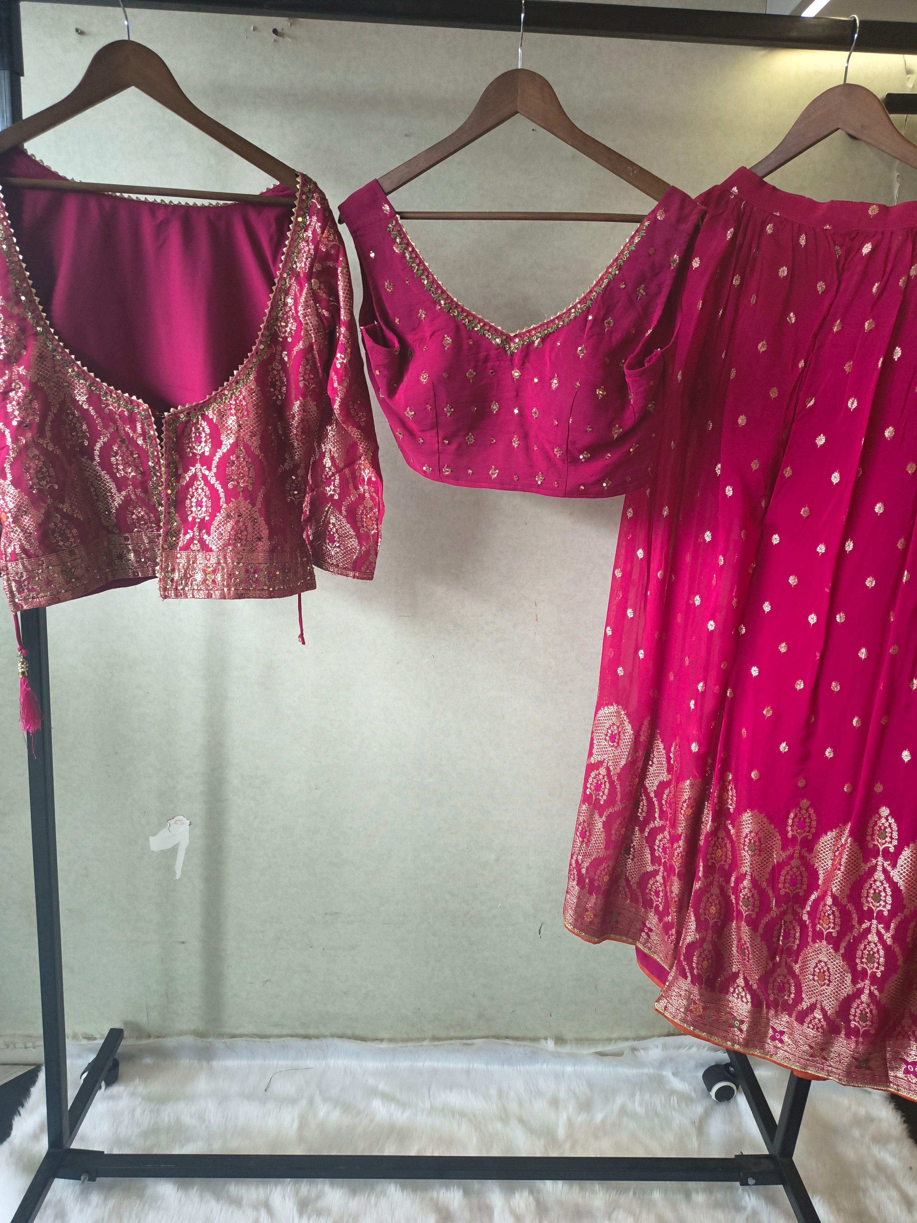 Image of Rani Pink Banarasi Lehenga Set with Dual Designer Blouses – Woven Festive Wedding Ensemble