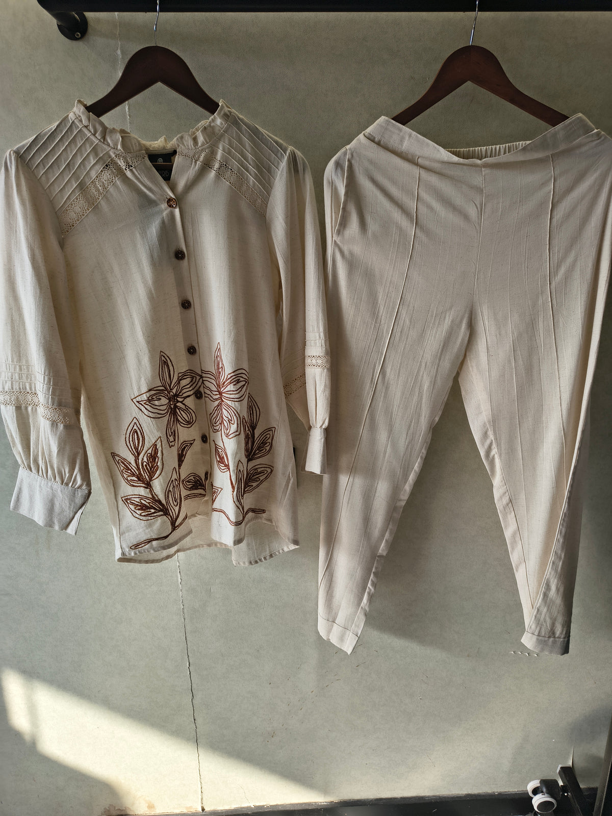 Ivory Botanical Embroidered Pintuck Designer Co-Ord Set