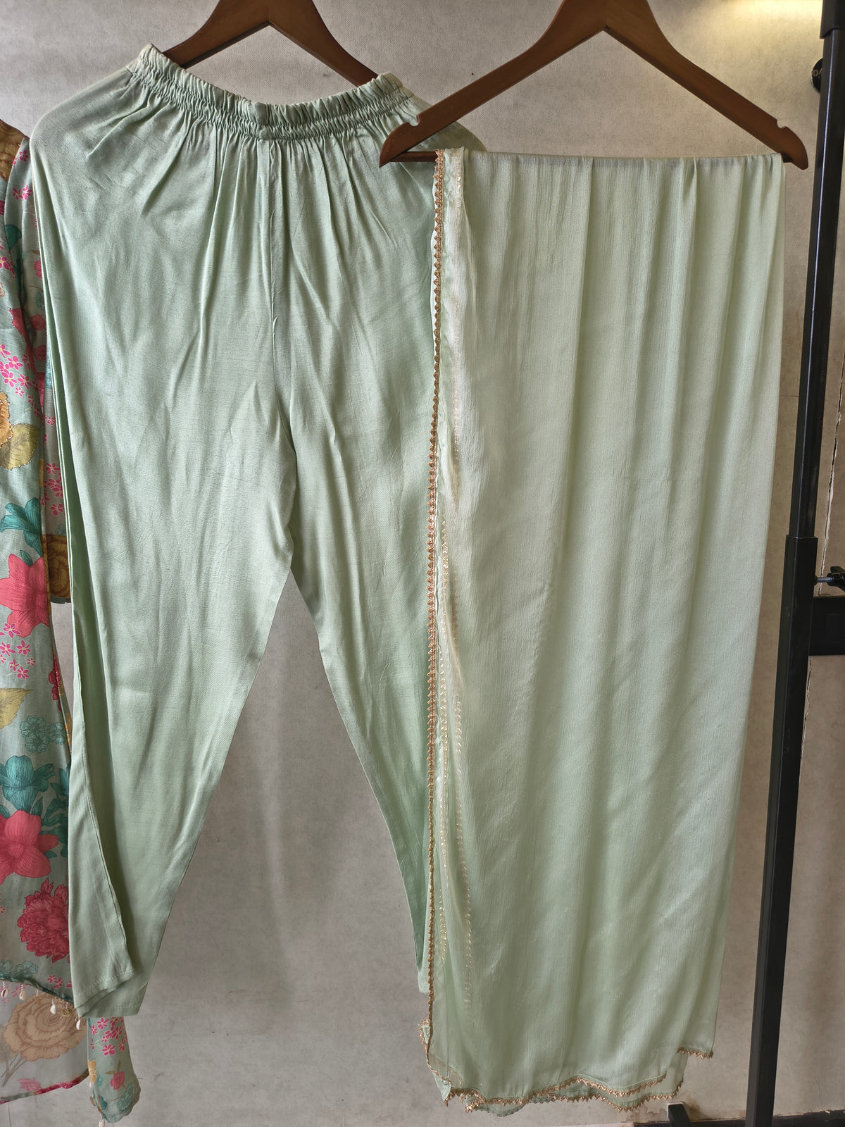 Premium Mint Green Floral Printed Kurta Set with Embellished Neckline & Dupatta