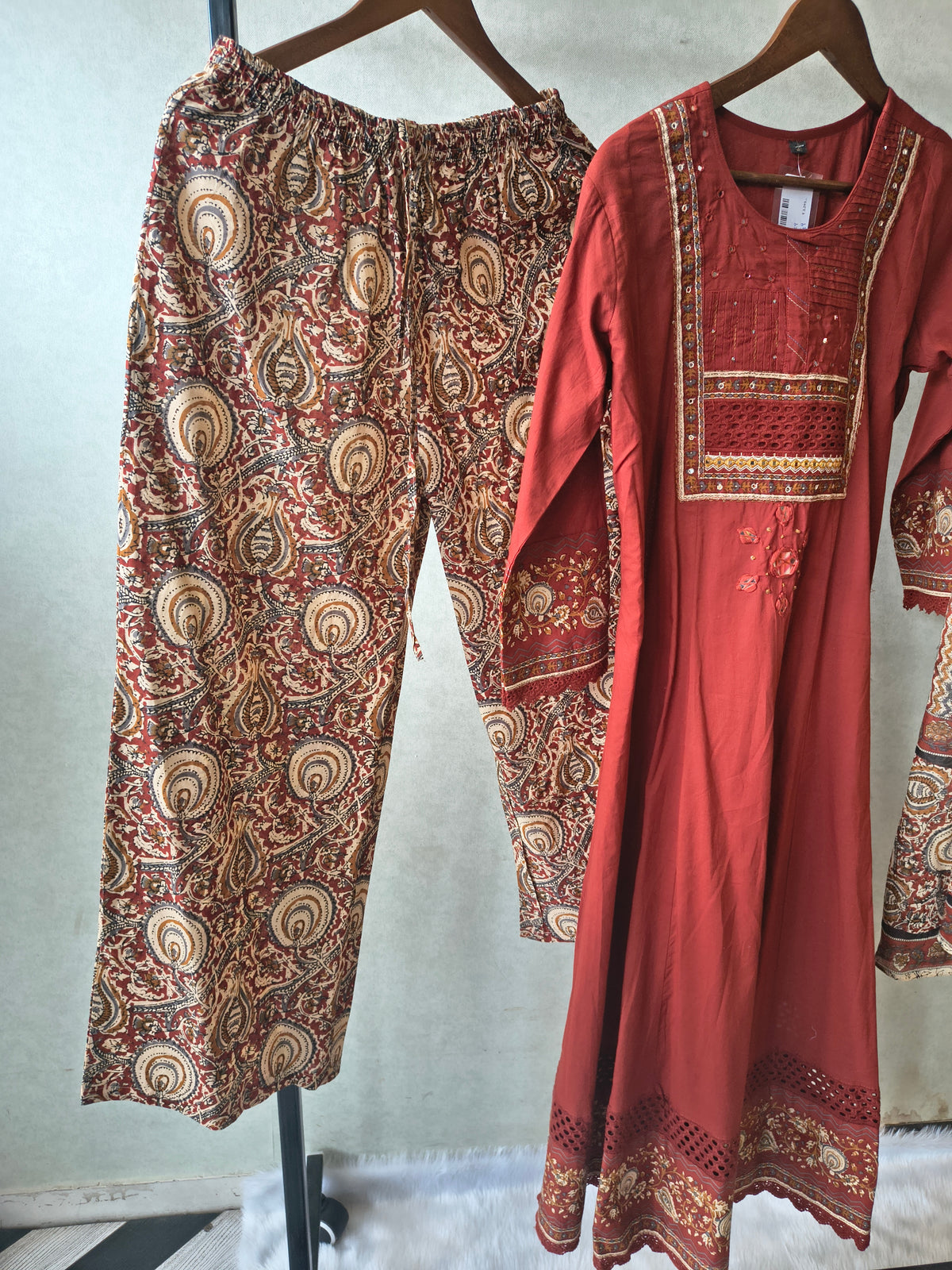 Rust Red Embroidered Three-Piece Kurta Set with Printed Pant & Designer Dupatta