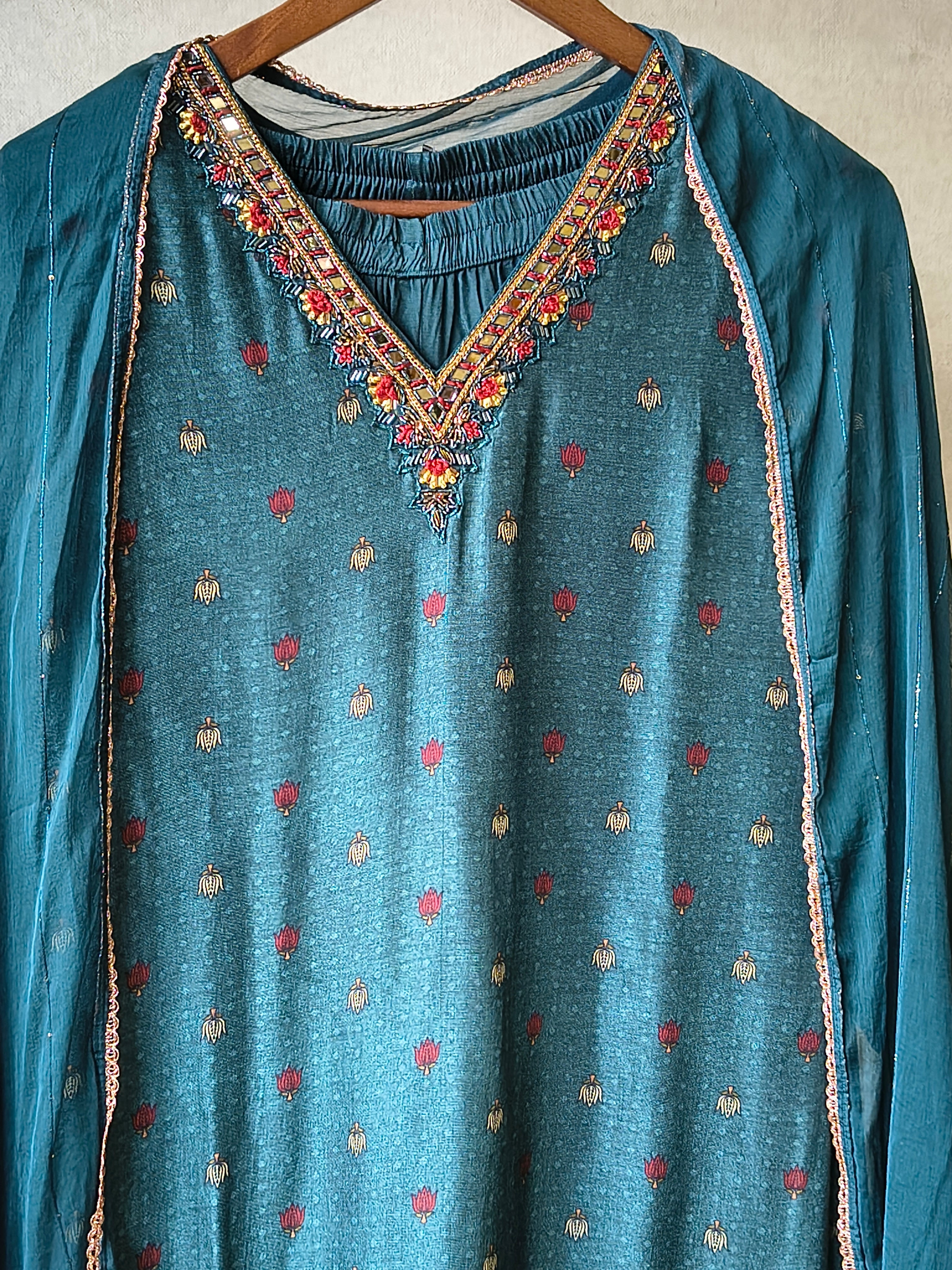 Image of Premium Teal Printed Straight Kurta with Palazzo & Dupatta Set