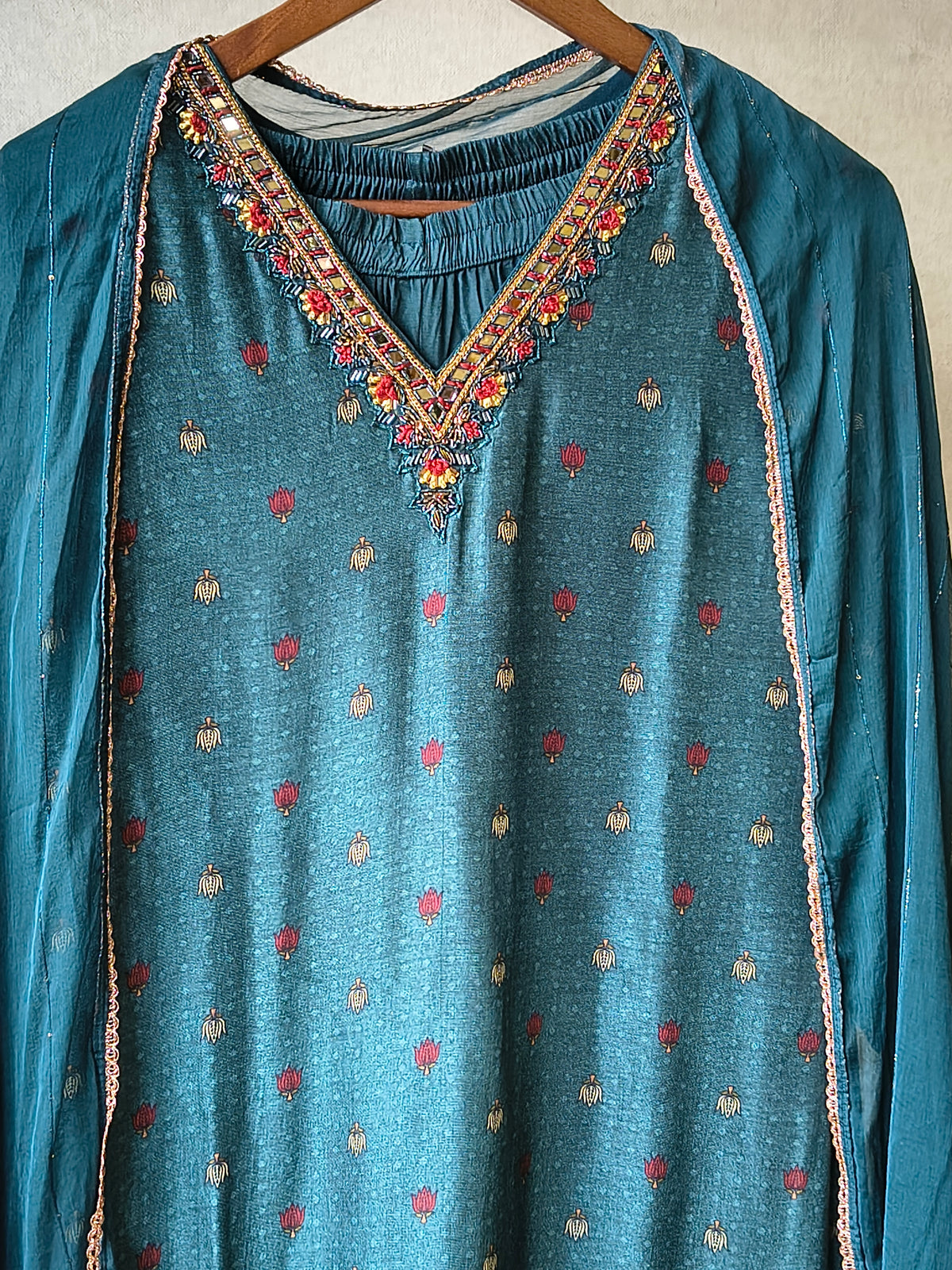 Premium Teal Printed Straight Kurta with Palazzo & Dupatta Set