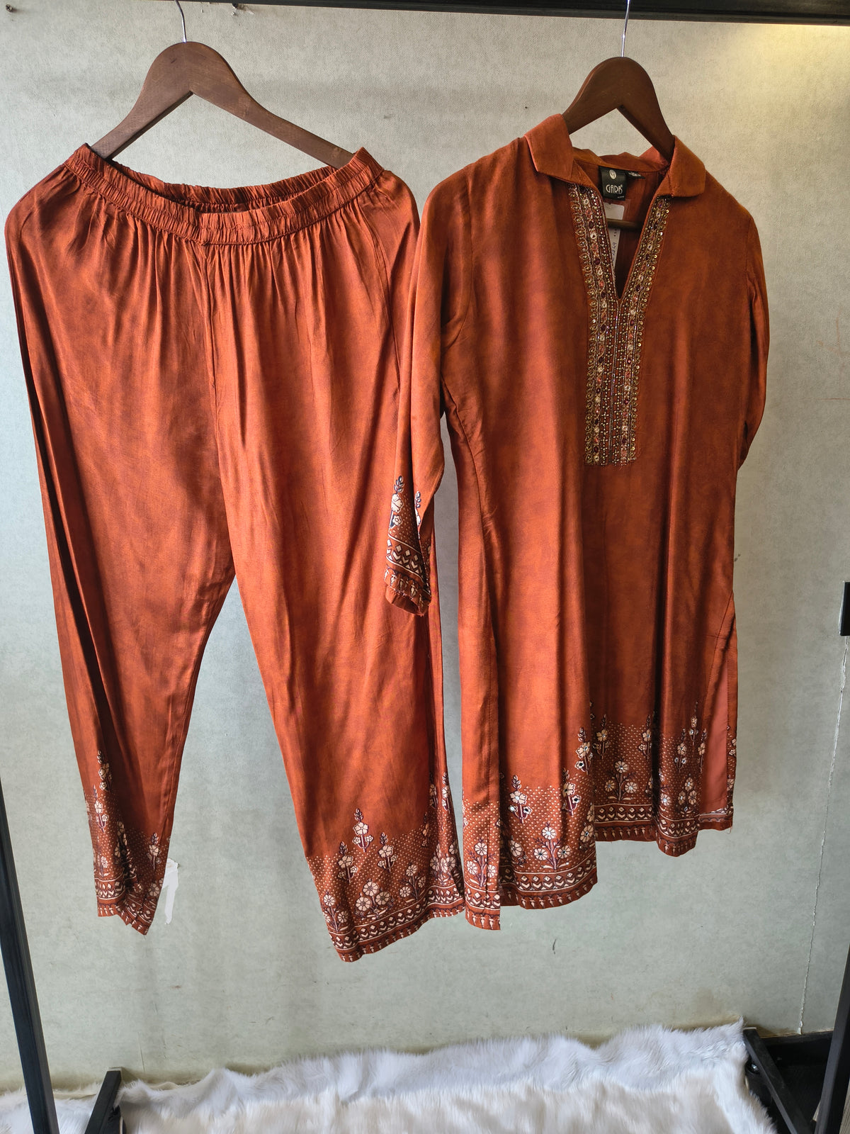 Rust Brown Designer Ethnic Co-Ord Set with Embellished Neckline & Printed Borders