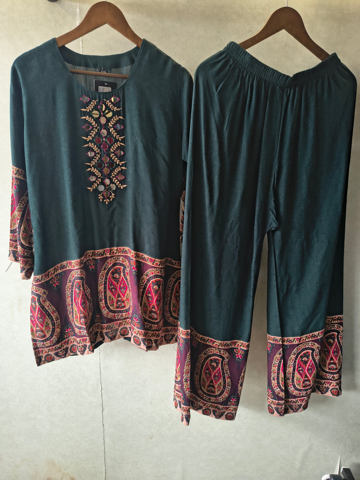 Premium Teal Mirror Work Printed Kurta Pant Co-Ord Set