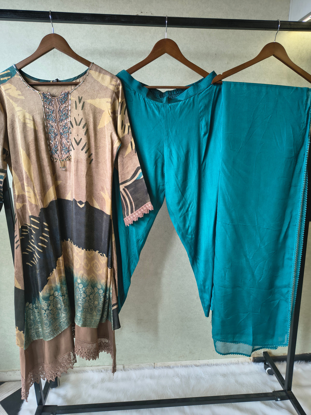 Premium Abstract Print Straight Kurta with Cigarette Pants & Dupatta Set