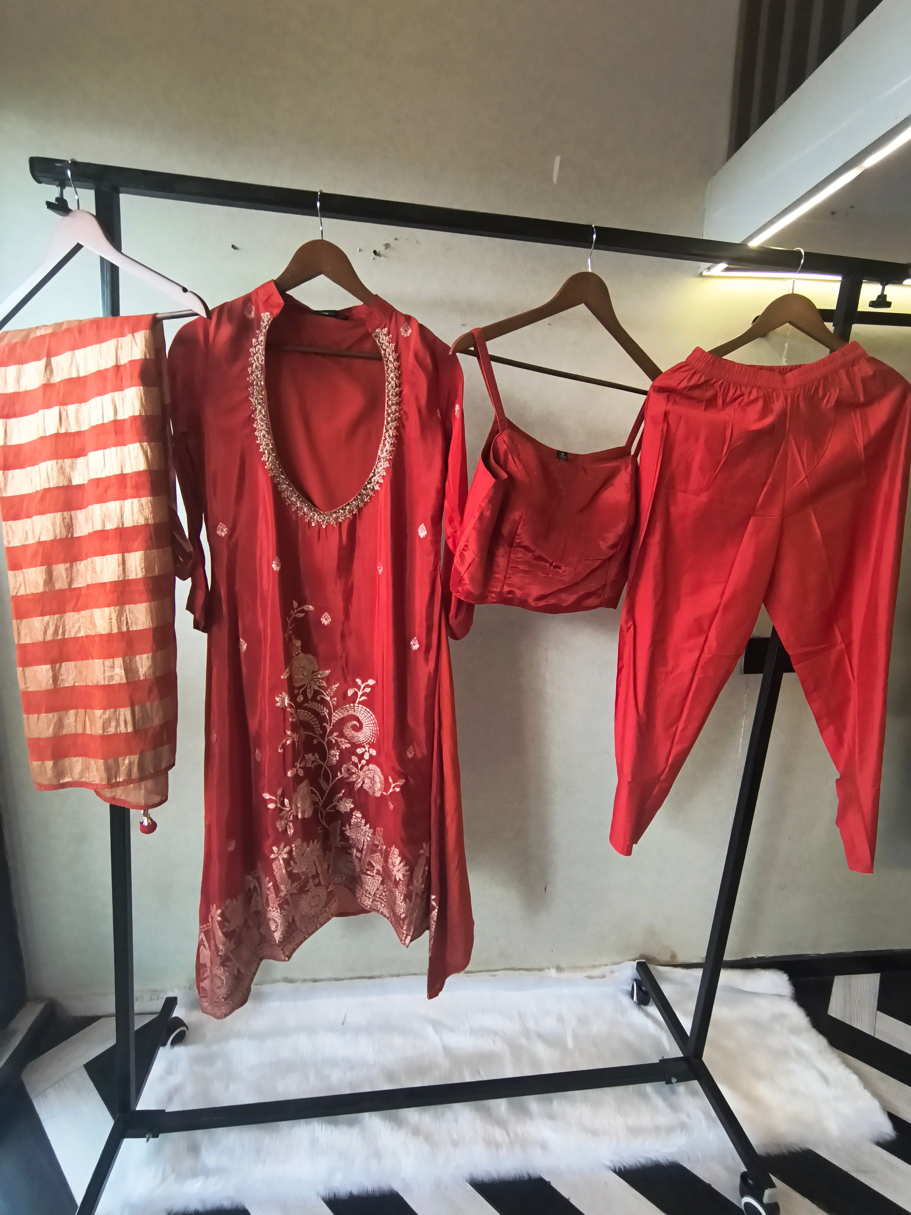 Image of Ruby Red Embroidered Asymmetrical Kurta with Inner, Cigarette Pants & Striped Dupatta – 4 Piece Designer Indo-Western Set