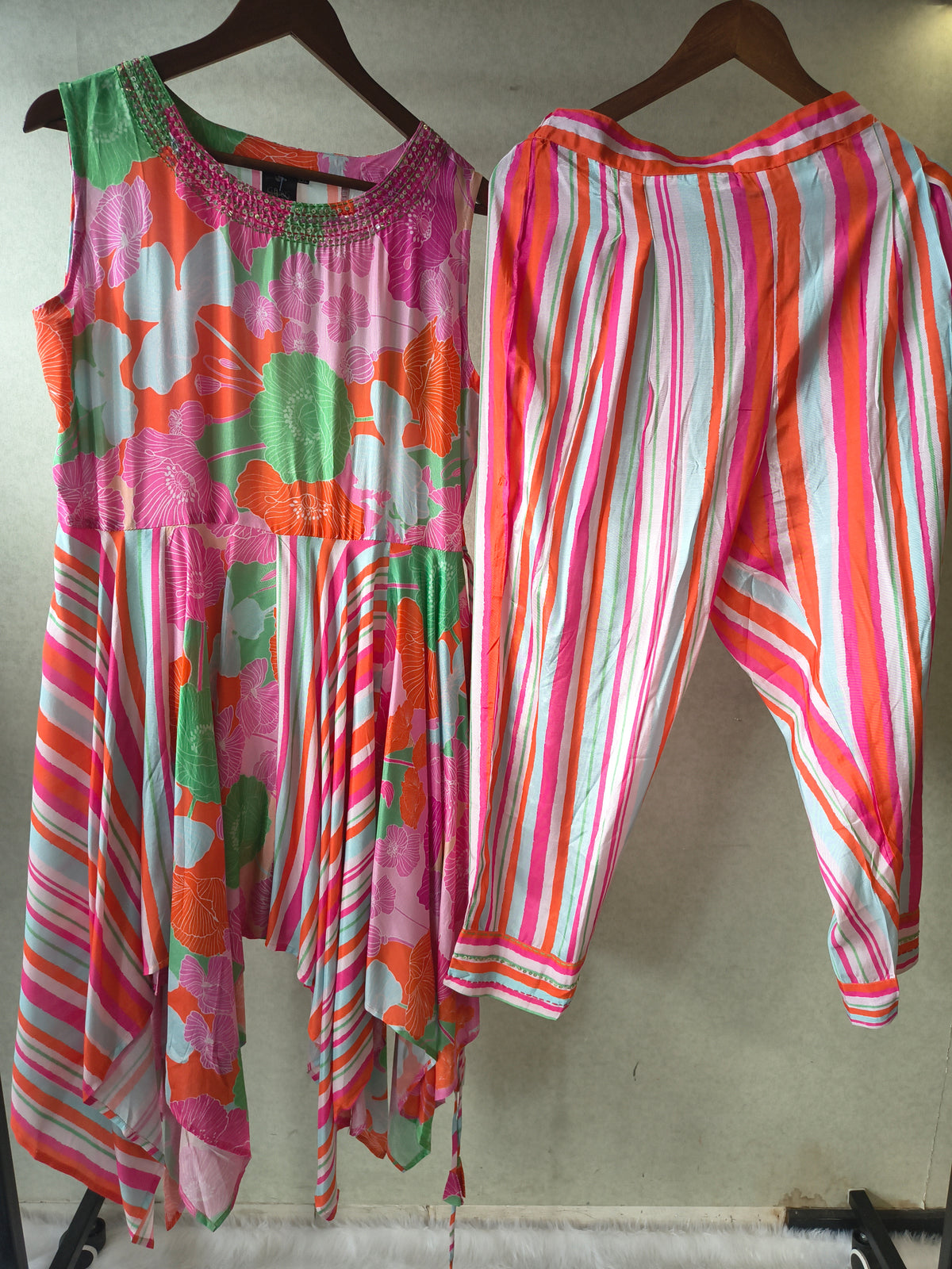 Premium Tropical Floral Handkerchief Kurta with Striped Tapered Pants Co-Ord Set