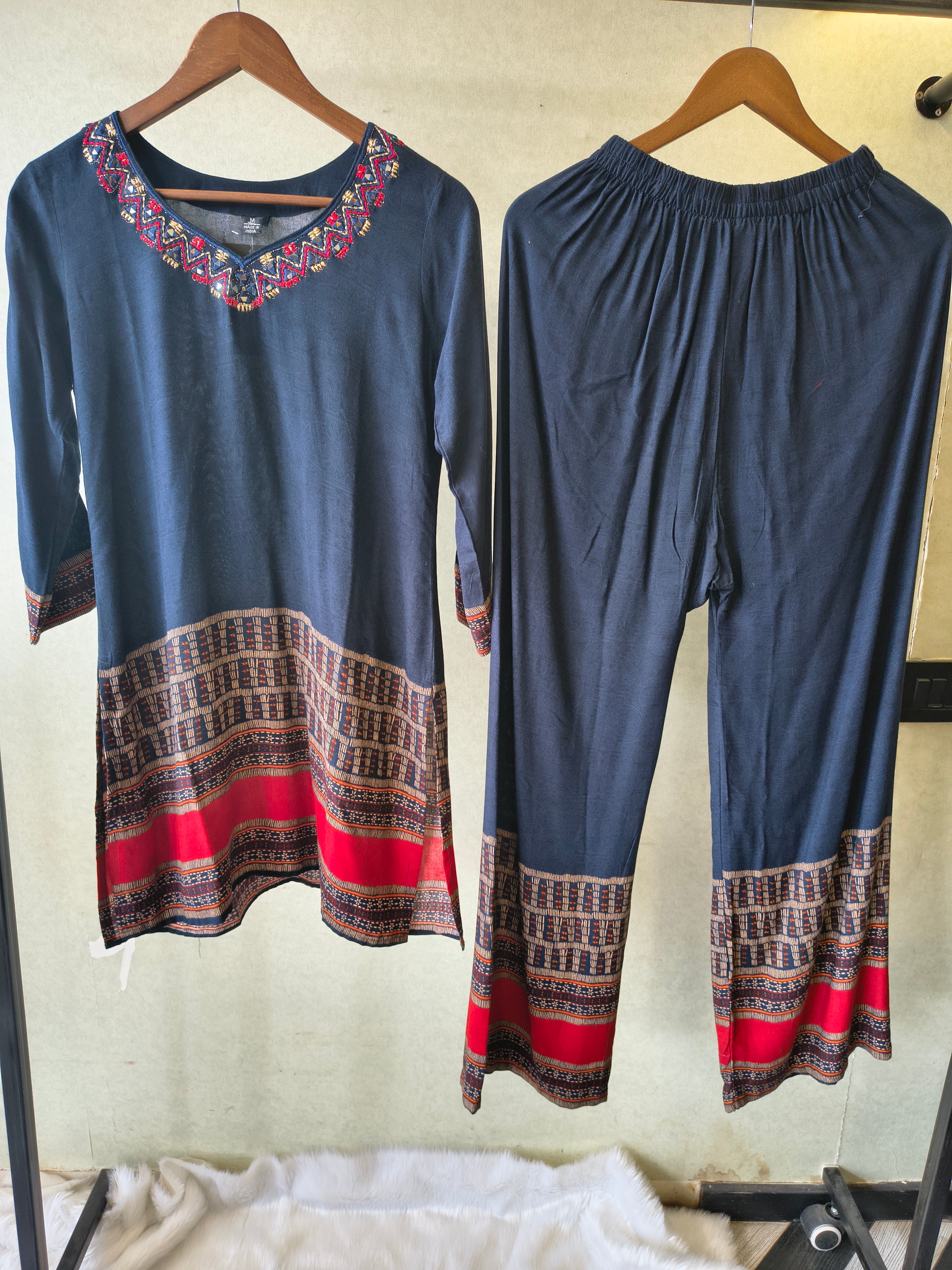 Image of Navy Blue Ethnic Border Designer Co-Ord Set with Embroidered Neckline