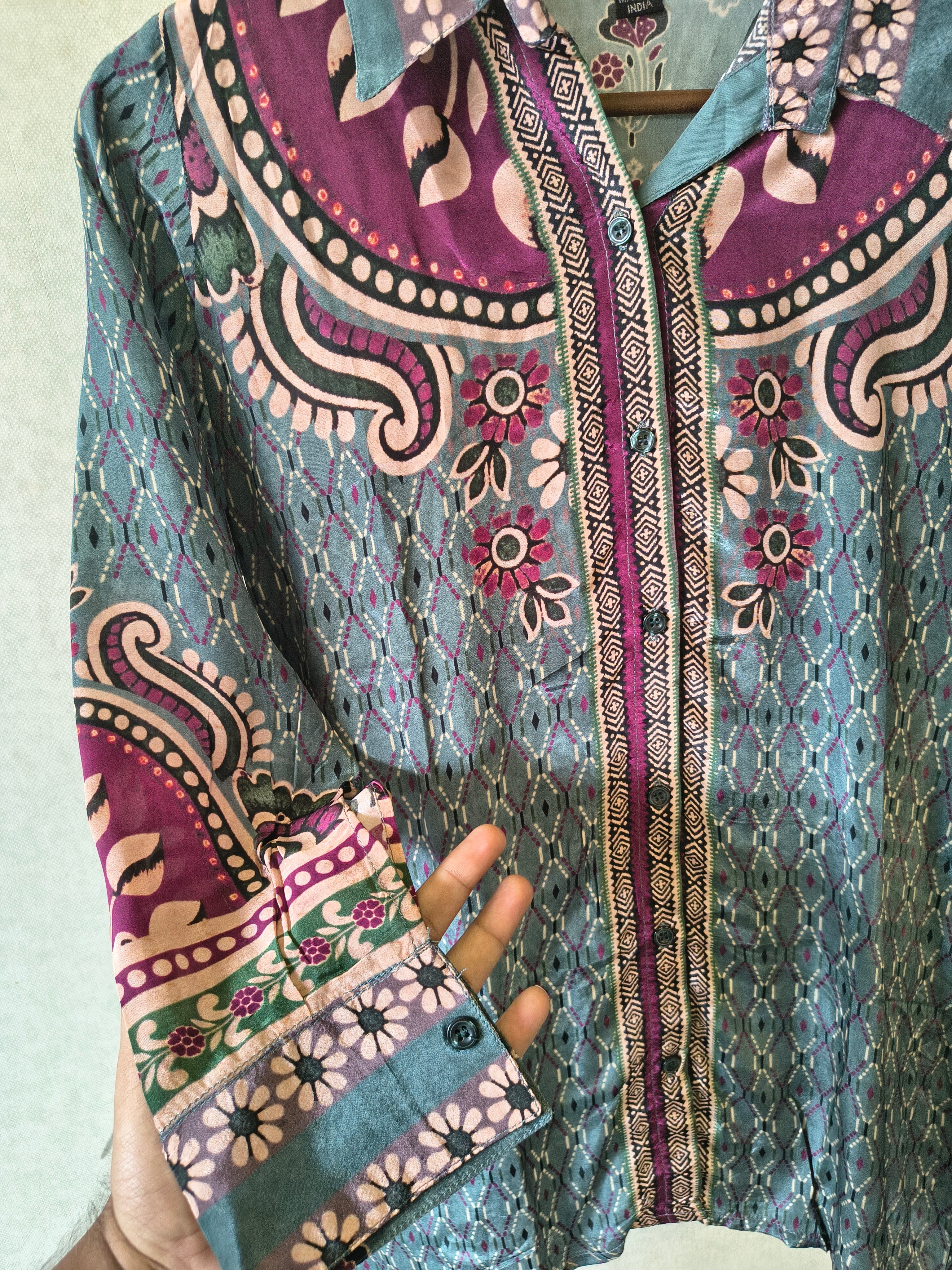 Image of Teal Blue Vintage Floral Printed Shirt Style Tunic