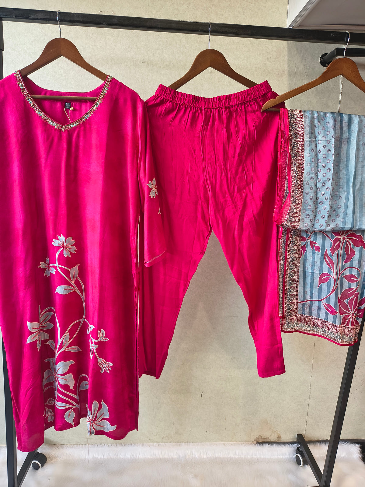 Premium Fuchsia Floral Printed Kurta Set with Embellished Neckline & Contrast Dupatta