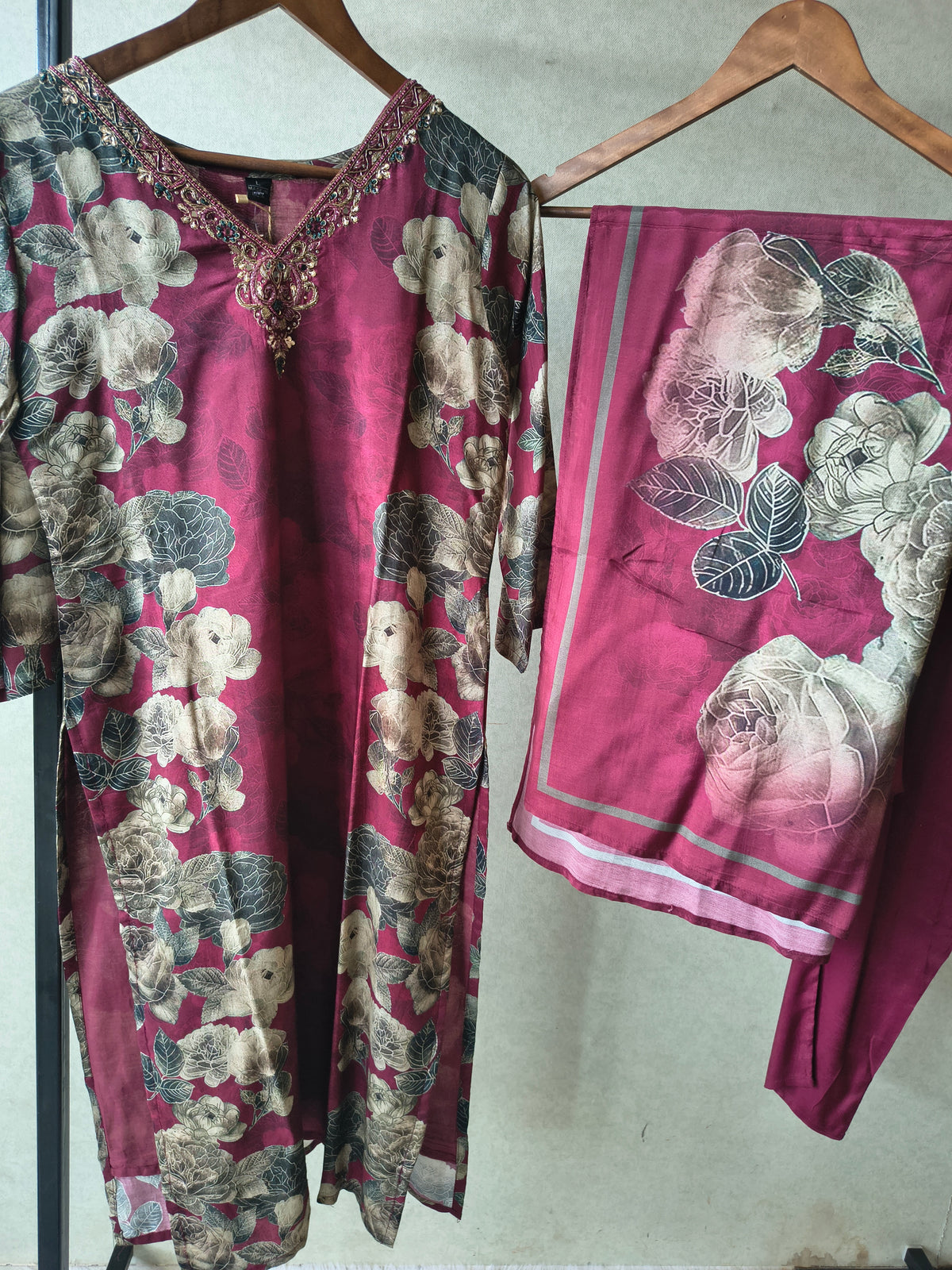 Premium Wine Floral Printed Kurta Set with Solid Pants & Printed Dupatta