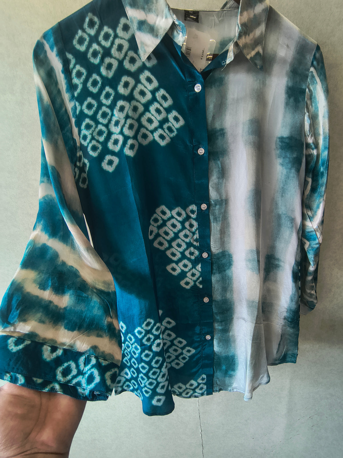 Teal Shibori Print Satin Shirt Style Tunic