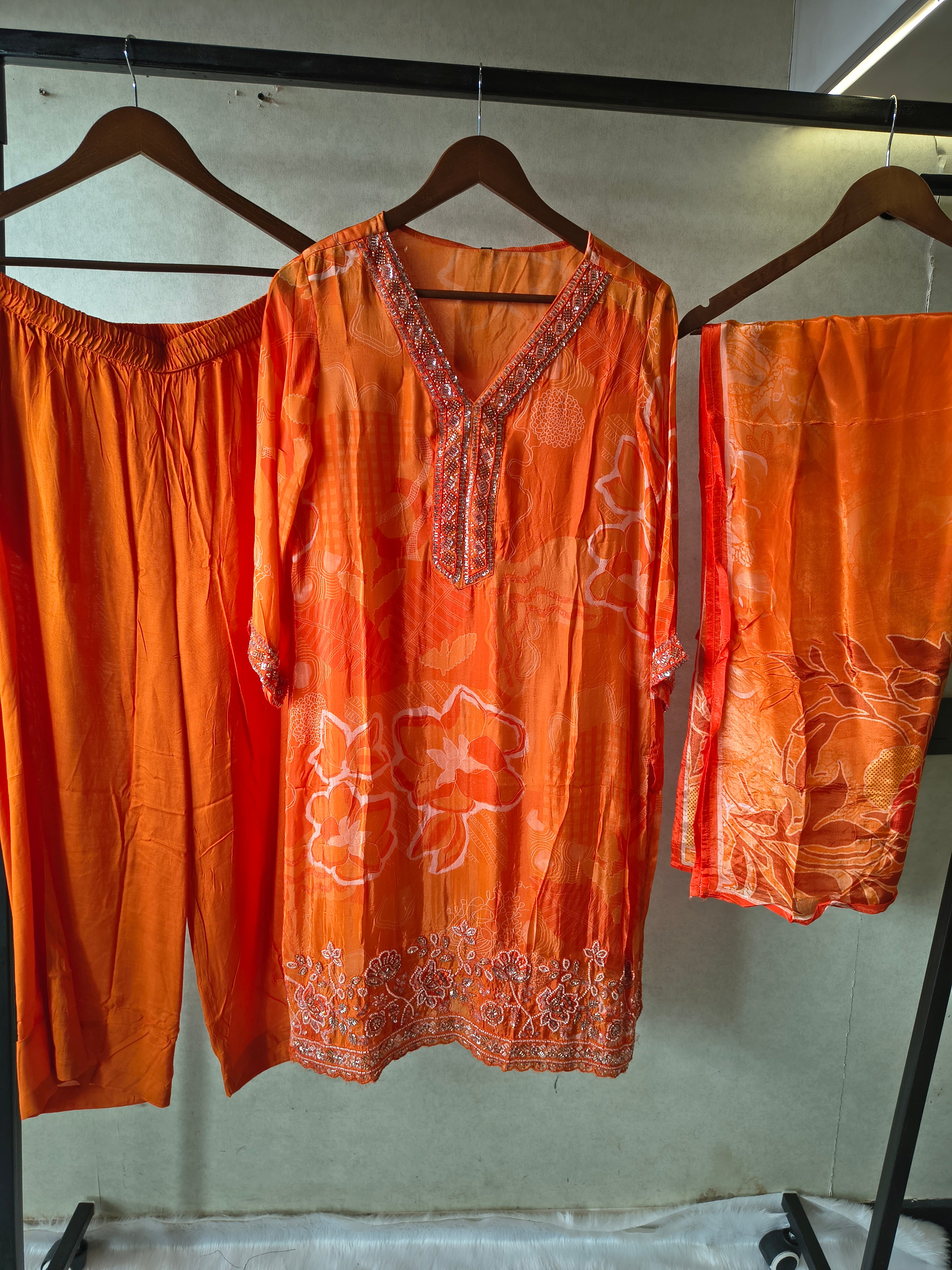 Image of Burnt Orange Printed Silk Blend Kurta Set with Embellished Neckline & Floral Border – Premium 3 Piece Ethnic Ensemble