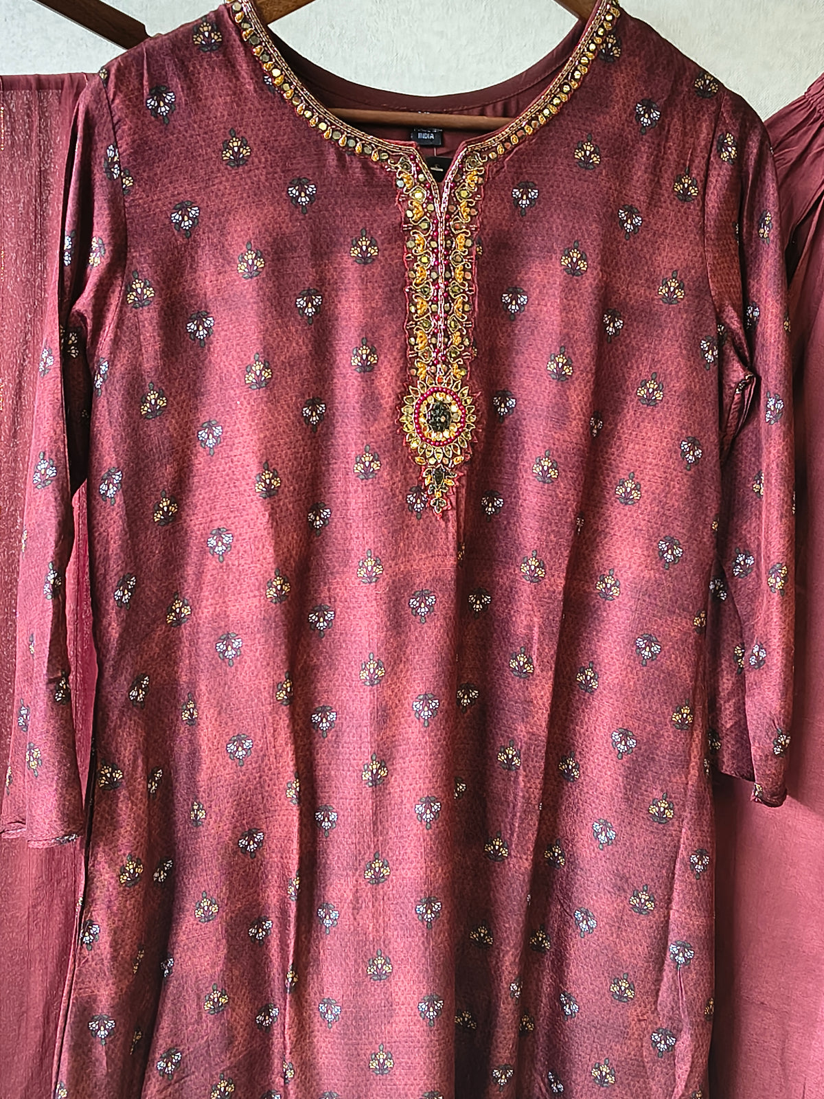 Premium Wine Floral Border Kurta with Straight Pants & Shimmer Dupatta Set