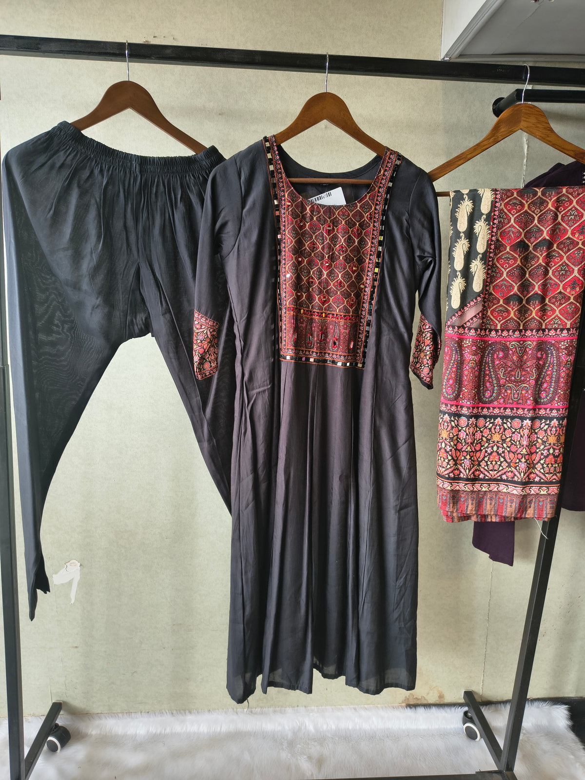 Premium Black Printed Anarkali Kurta Set with Ethnic Yoke, Solid Pants & Designer Dupatta