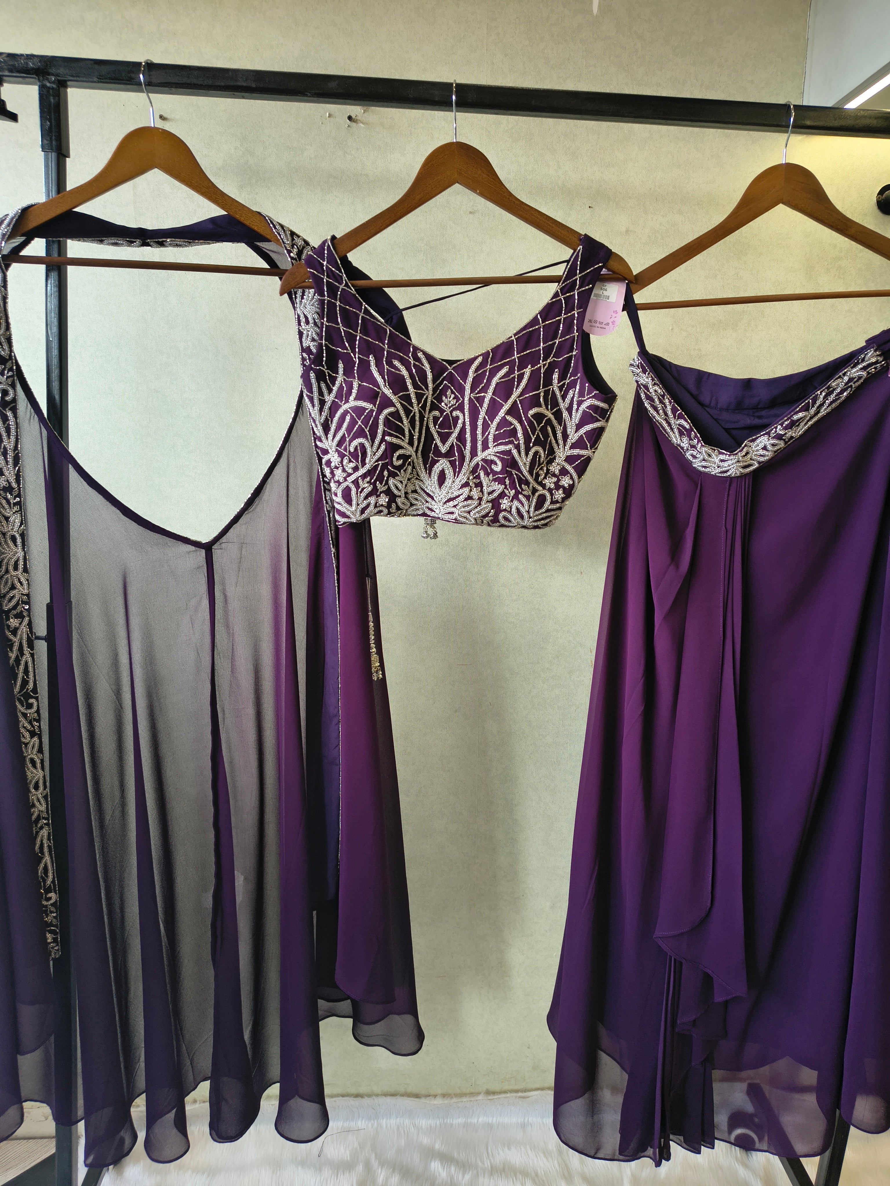Image of Royal Purple Embroidered Designer Blouse with Drape Palazzo & Embroidered Cape – 3 Piece Indo-Western Party Wear Set