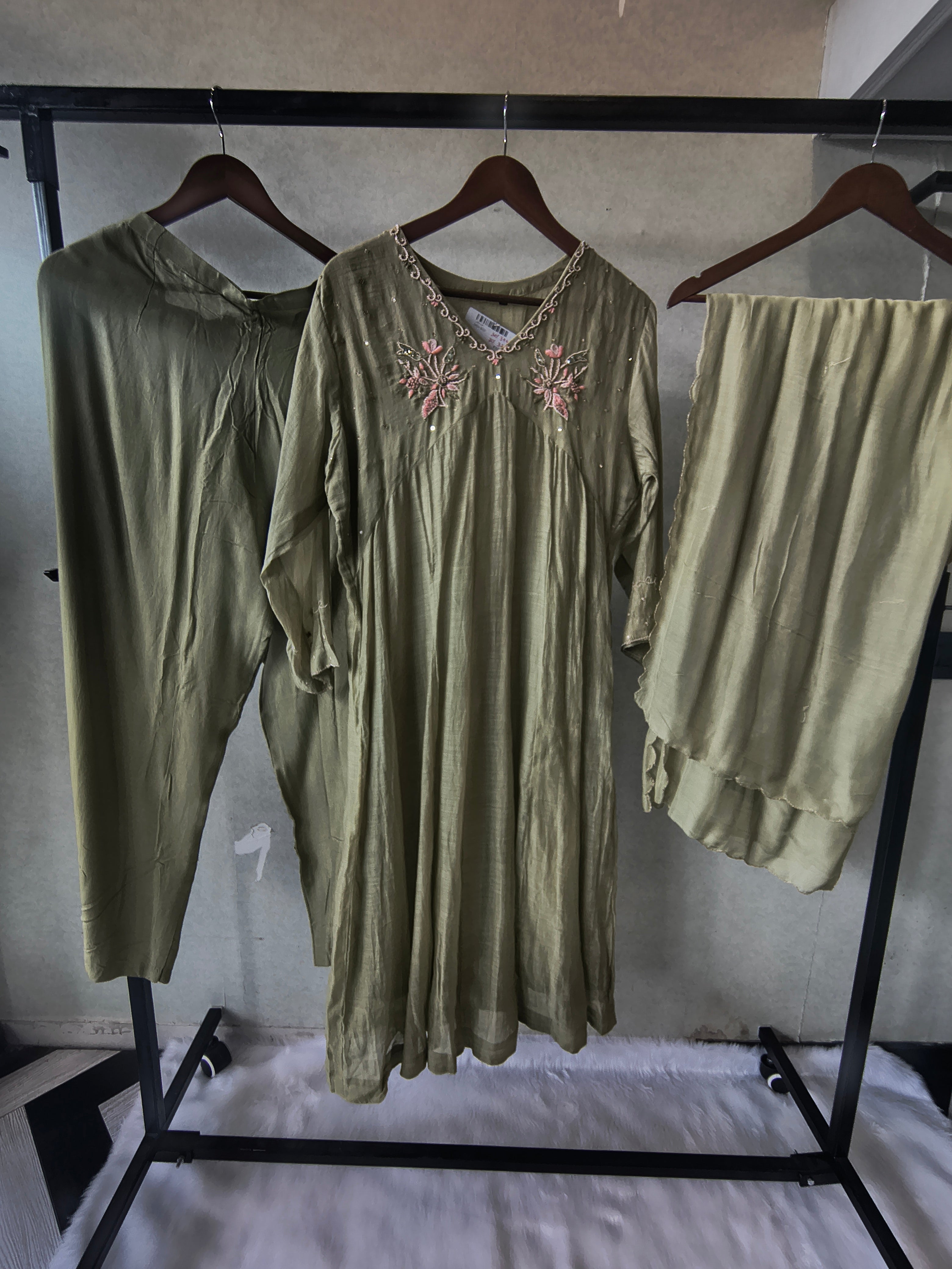 Image of Premium Olive Green Embroidered A-Line Kurta Set with Dupatta
