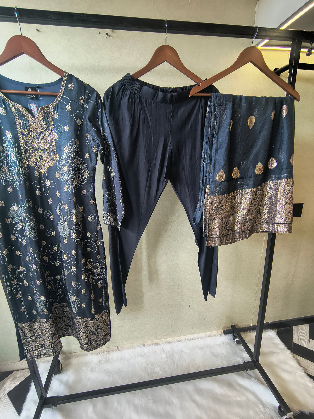 Premium Midnight Blue Zari Printed Kurta Set with Banarasi Dupatta