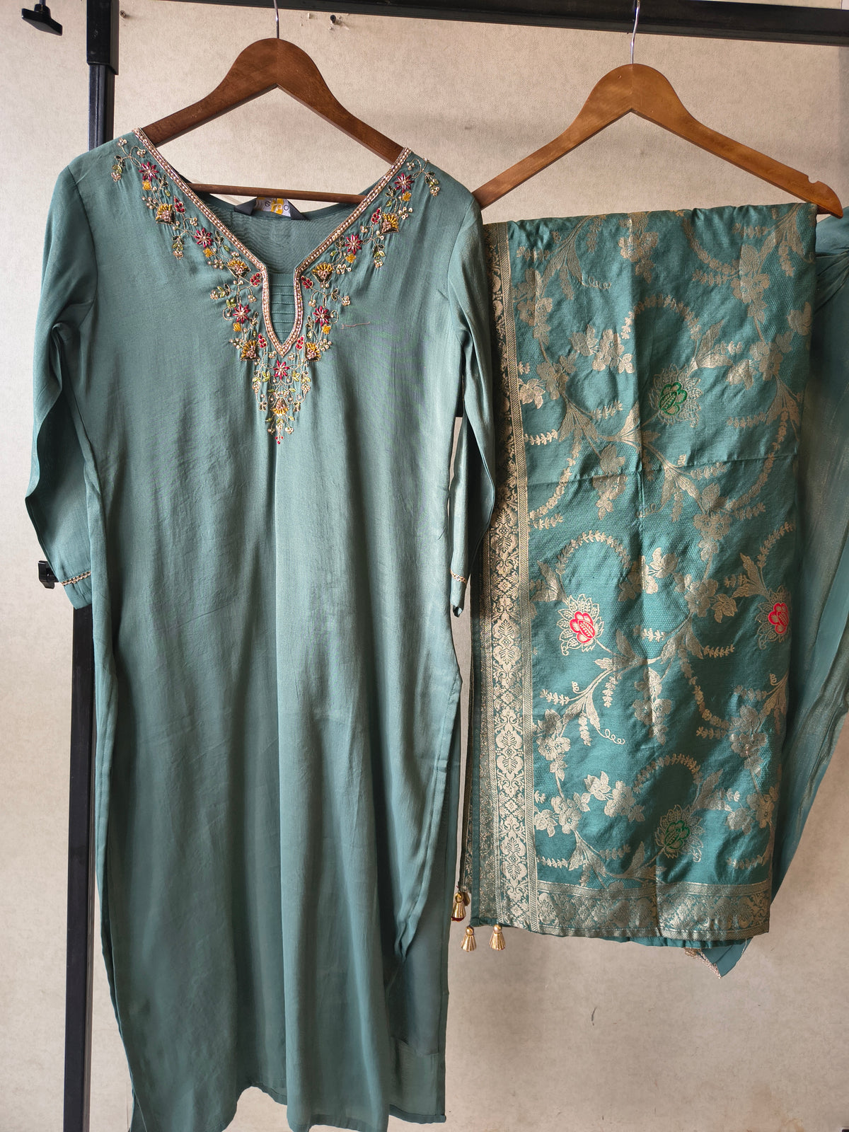 Premium Teal Silk Blend Embroidered Kurta Set with Woven Dupatta & Straight Pants