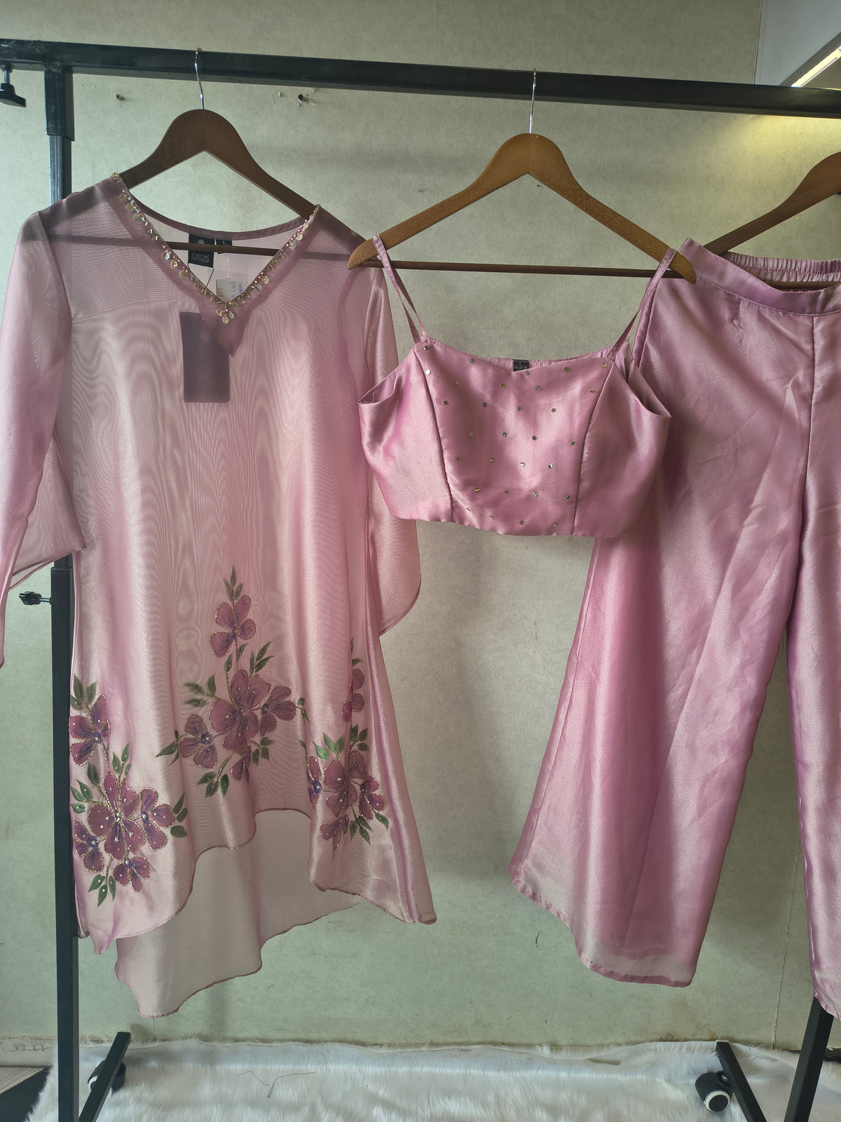 Blush Pink Floral Embroidered Kaftan Co-ord Set with Hand-Painted Cape, Embellished Blouse & Palazzo