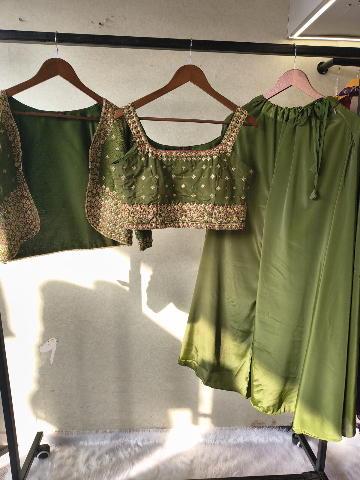 Luxury Olive Green Embellished Blouse with Embroidered Jacket & Flared Palazzo – 3 Piece Designer Indo-Western Set